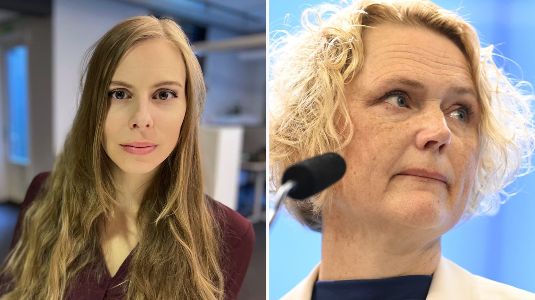 Hanna Mattsson Wagenius och Anna-Karin Hatt syns på en delad bild. På vänster sida är en kvinna med långt blont hår inomhus, och på höger sida är en kvinna med lockigt blont hår framför en blå bakgrund.
