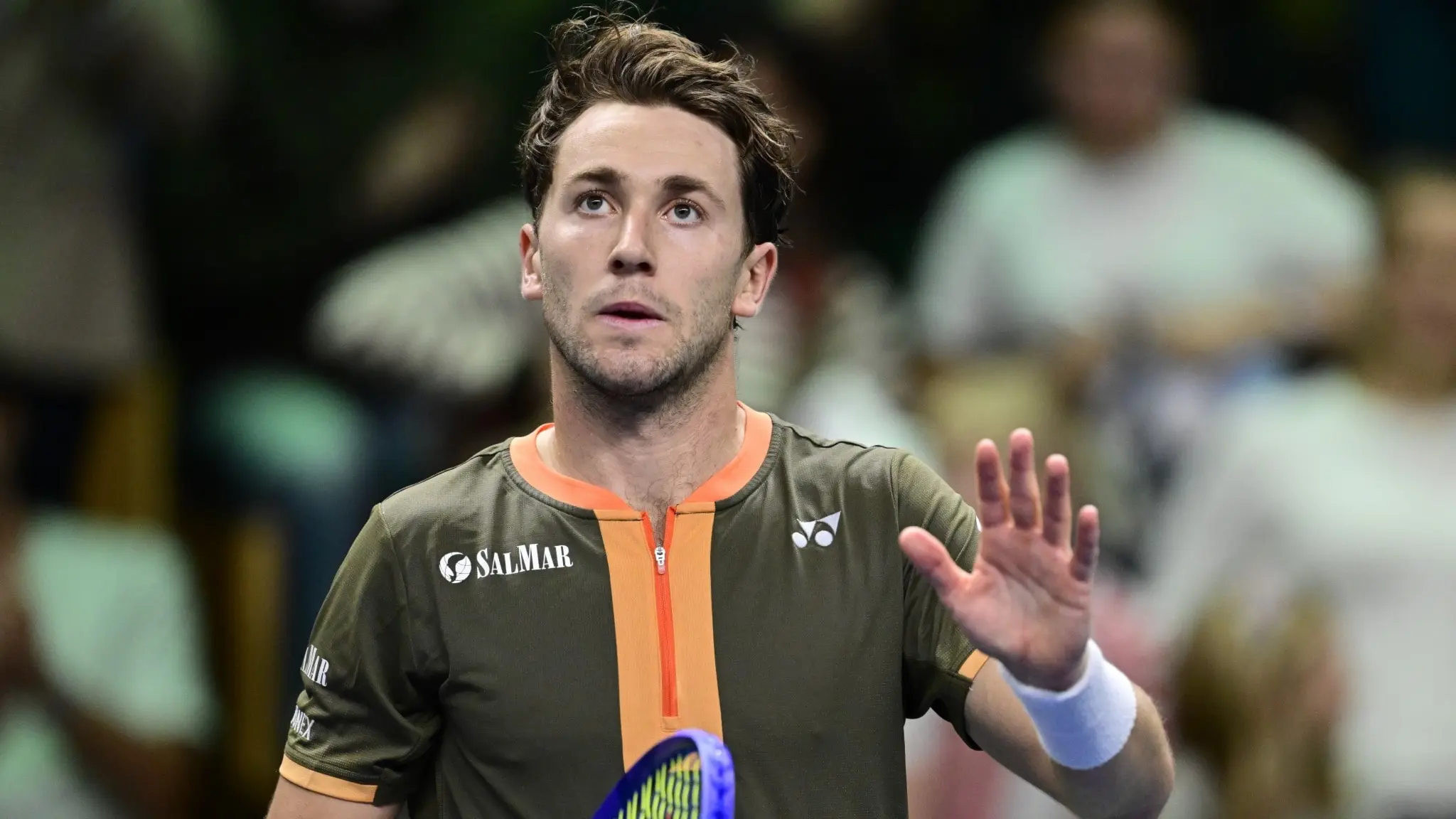 STOCKHOLM, SVERIGE 20251015
Casper Ruud, Norge,  i sin match mot Marin Cilic, Kroatien, under tennisturneringen BNP Paribas Nordic Open i Kungliga tennishallen.
Foto: Jonas Ekströmer / TT