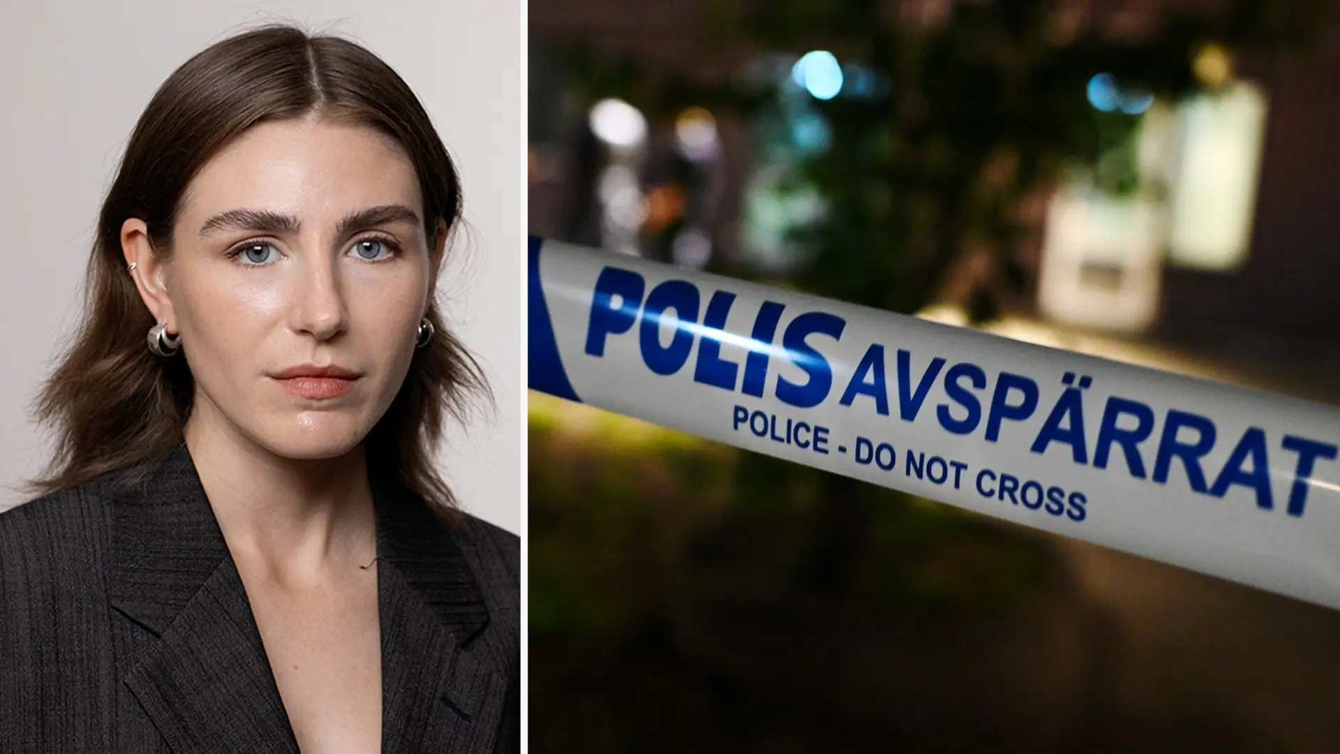 Bildmontage med en kvinna i mörk kavaj och polisavspärrning. Avspärrningen är markerad med texten 'Polis – avspärrat, Police – Do Not Cross', kopplat till splitkriminalitet.