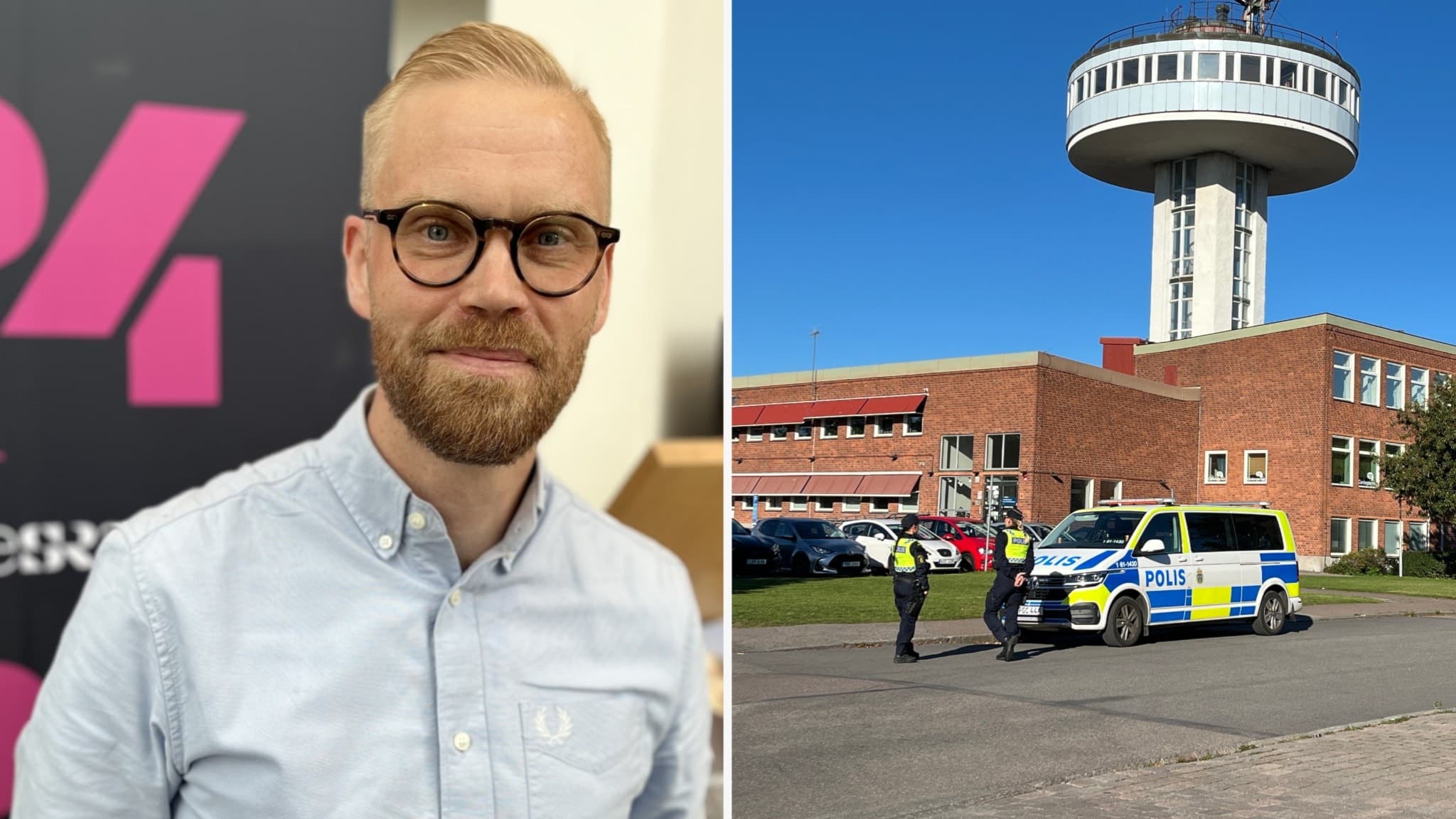 Montage med två bilder: till vänster Mats-Peter Krantz, förbundsdirektör på Kalmarsunds gymnasieförbund, framför en logotyp med texten 'P4', till höger en polisbil och avspärrning vid en skolbyggnad med ett torn i bakgrunden.