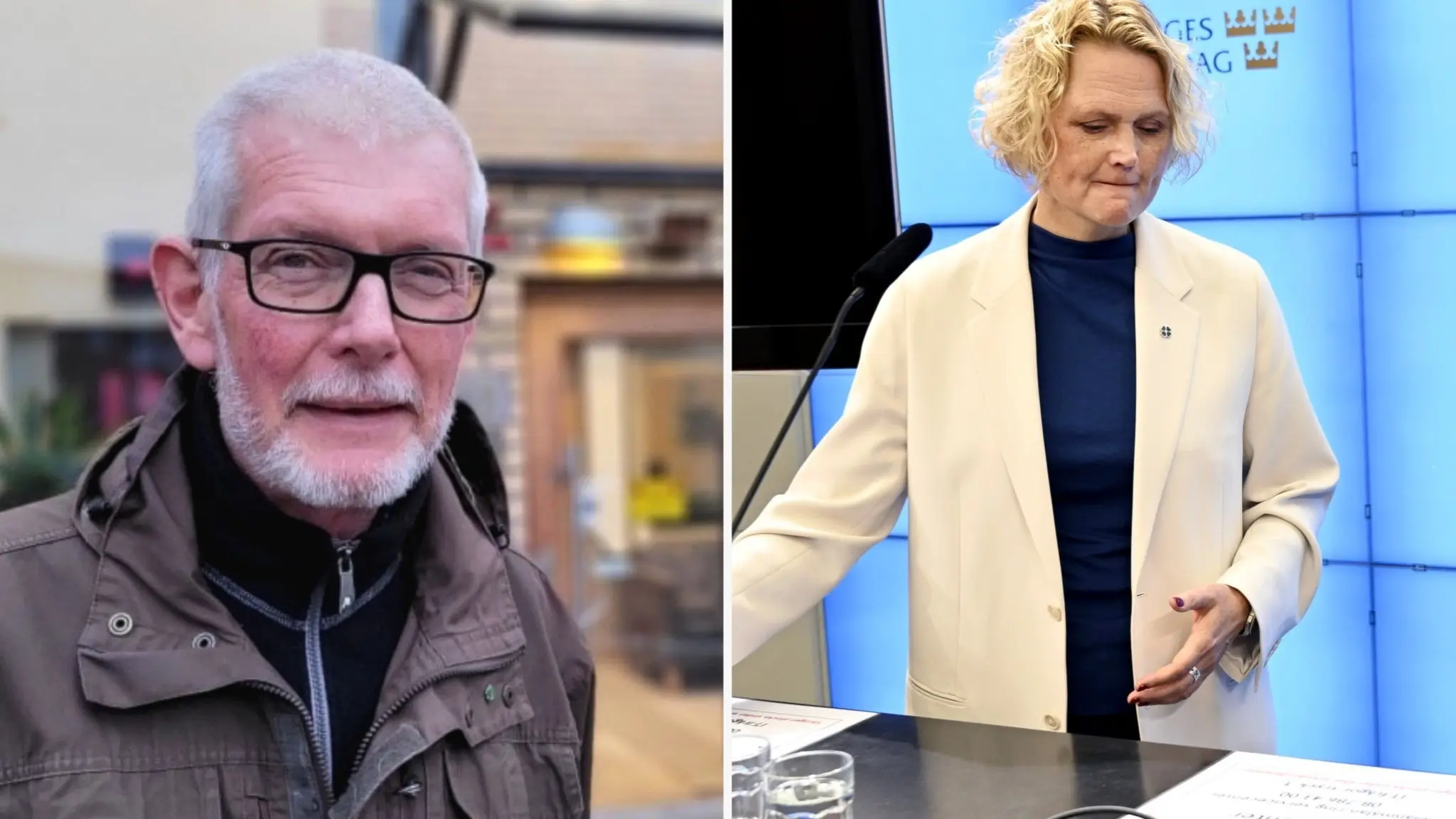 En man med glasögon och skägg tittar in i kameran. Till höger: Kvinna står vid ett podium framför blåa skärmar. Hon vänder sig bort från mikrofonen framför sig.