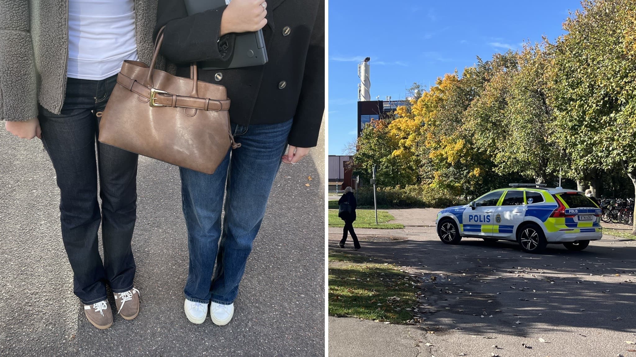 Två tjejer står på asfalt. Polisbil på gångväg.