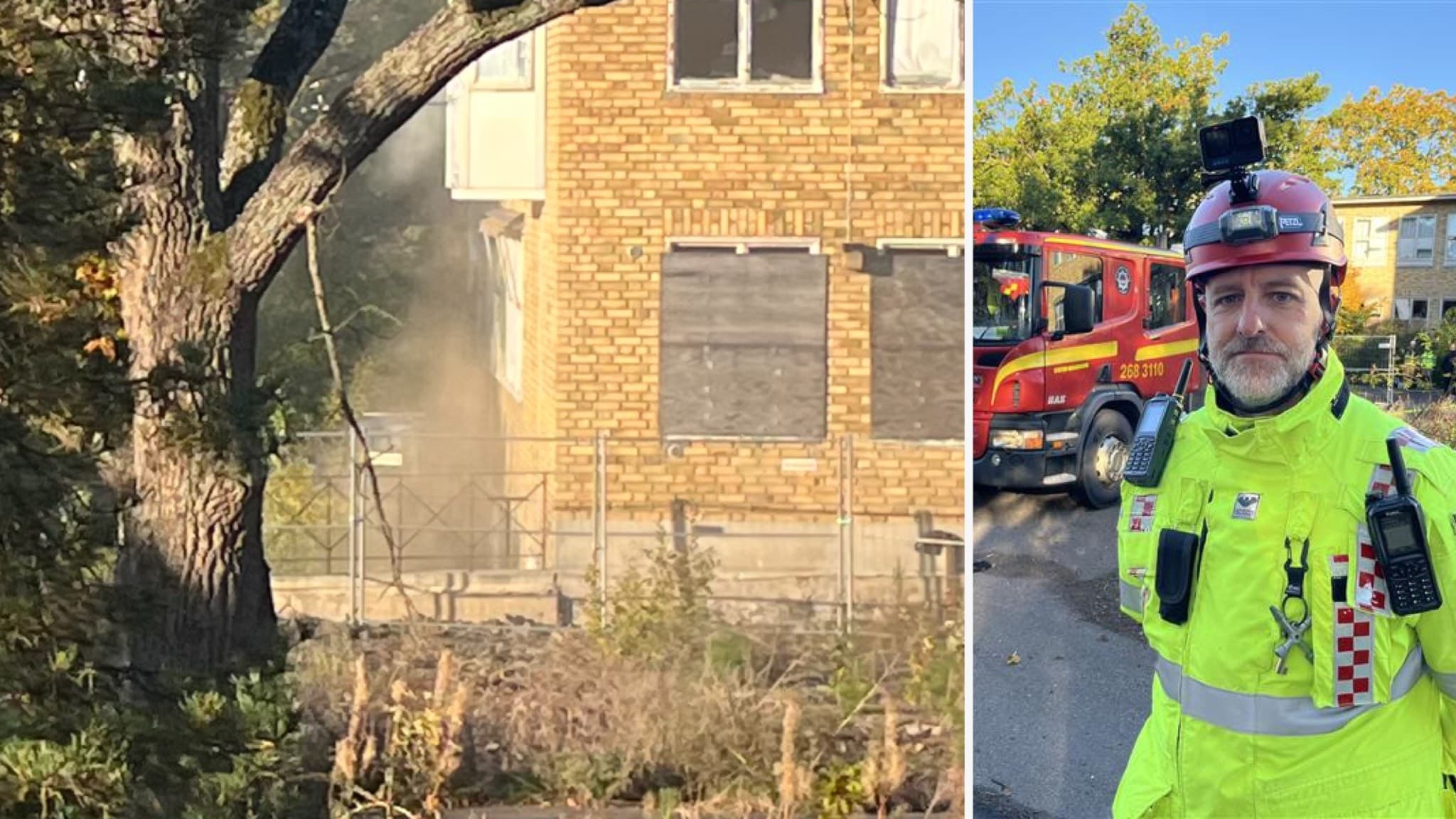 Rök tränger ut ur en tegelbyggnad. Till höger: Man i gula varselkläder står framför brandbilar. Han har en röd hjälm med en kamera på huvudet. 