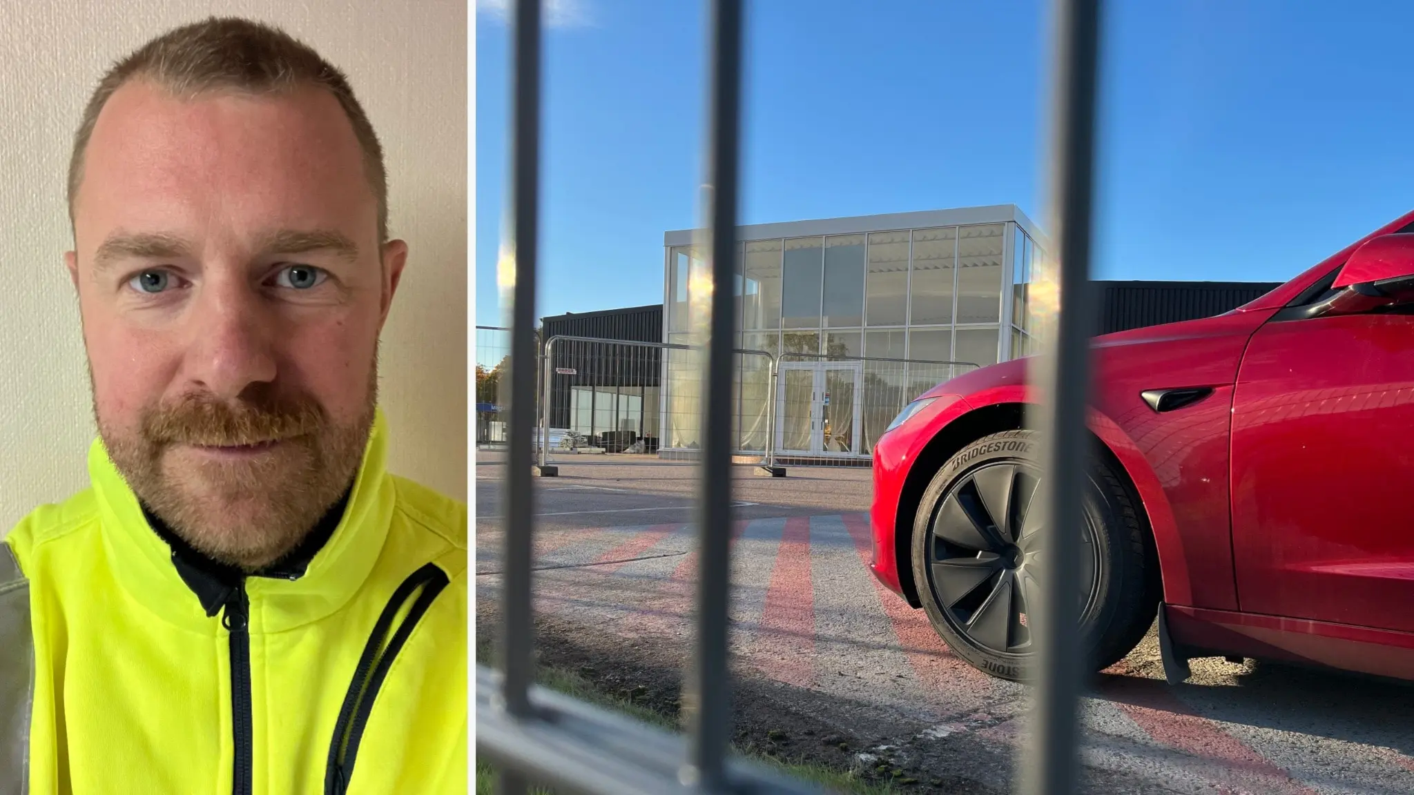 Bildsplitt. Till vänster David Fernhed i gul vasseljacka med reflexdetaljer. Han står mot en ljus bakgrund. Till höger En röd bil står parkerad utanför en modern byggnad med glasfasad. Bilden är tagen genom ett stängsel.