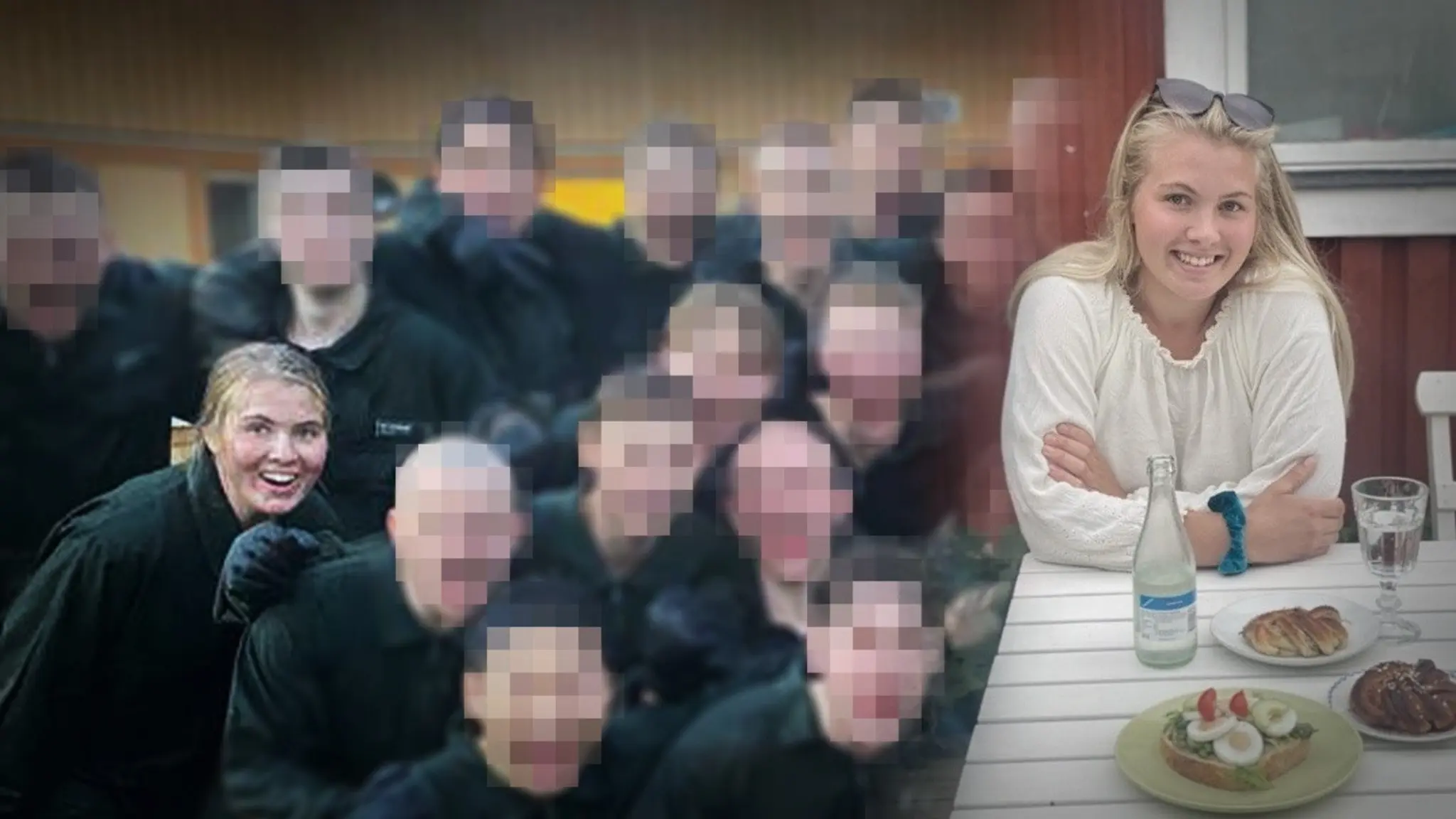 Bild på Helikopterflottiljens värnpliktskull 2022/2023. Alla ansikten förutom ett är pixlade. Det ansikte som syns tillhör Alma Sigvardsson, en blond 19-åring i mörkgrön arbetaroverall. Till höger: En bild på Alma Sigvardsson när hon sitter vid ett fikabord och ler mot kameran.