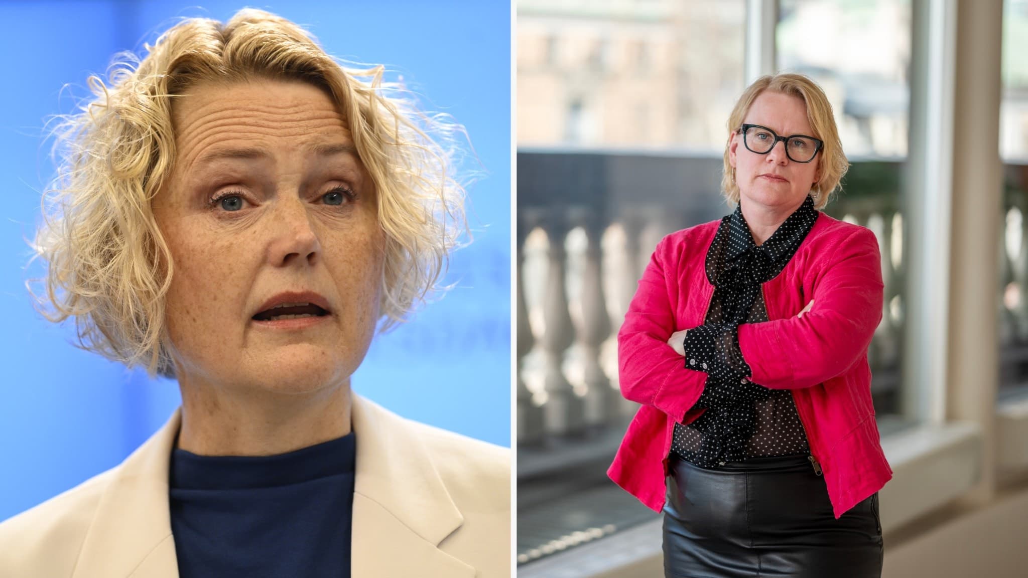 Anna-Karin Hatt och Martina Johansson visas i två separata bilder. På vänstra bilden har Anna-Karin Hatt blont lockigt hår och en ljus kavaj, medan Martina Johansson står i en rosa kofta vid ett räcke på den högra bilden.
