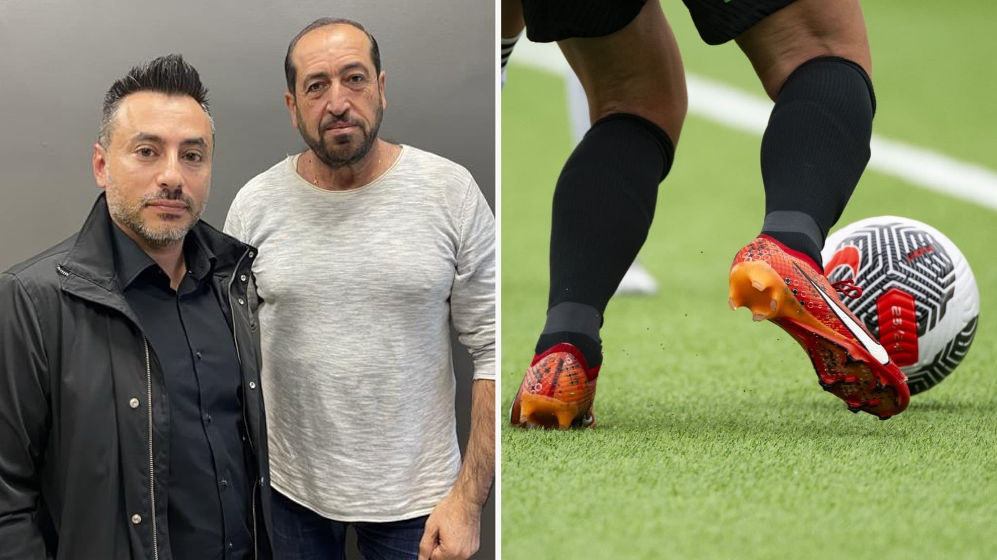 Fredrik Krait och Faraj Hanna från Syrianska Eskilstuna står bredvid varandra på en grå bakgrund. Till höger syns en närbild av en fotbollsspelare som dribblar med bollen på gräsplan.