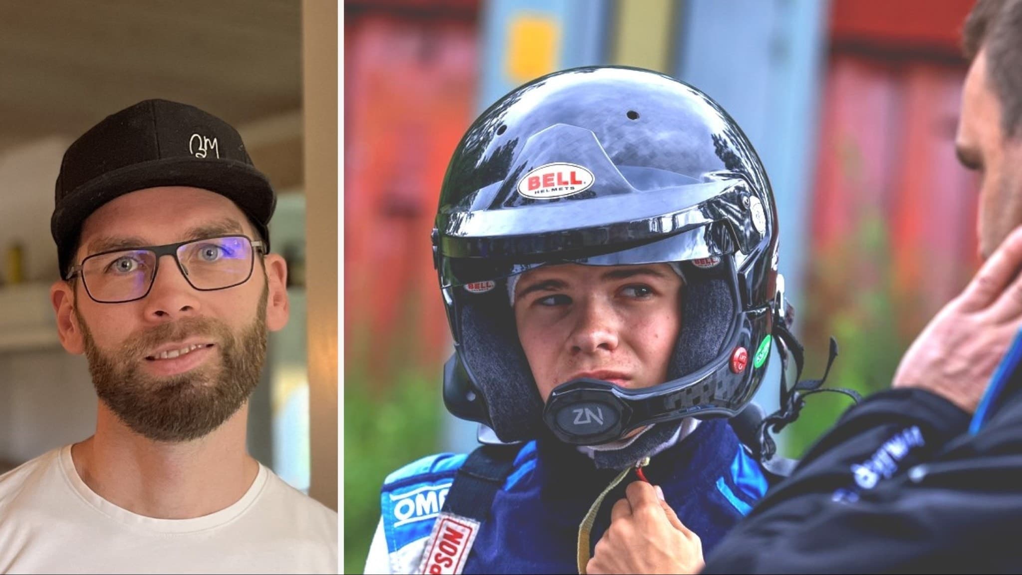 Bilden är delad och visar två personer. Till vänster, Patrik Barth i t-shirt och keps och till höger, Mille Johansson iförd en rallyhjälm.