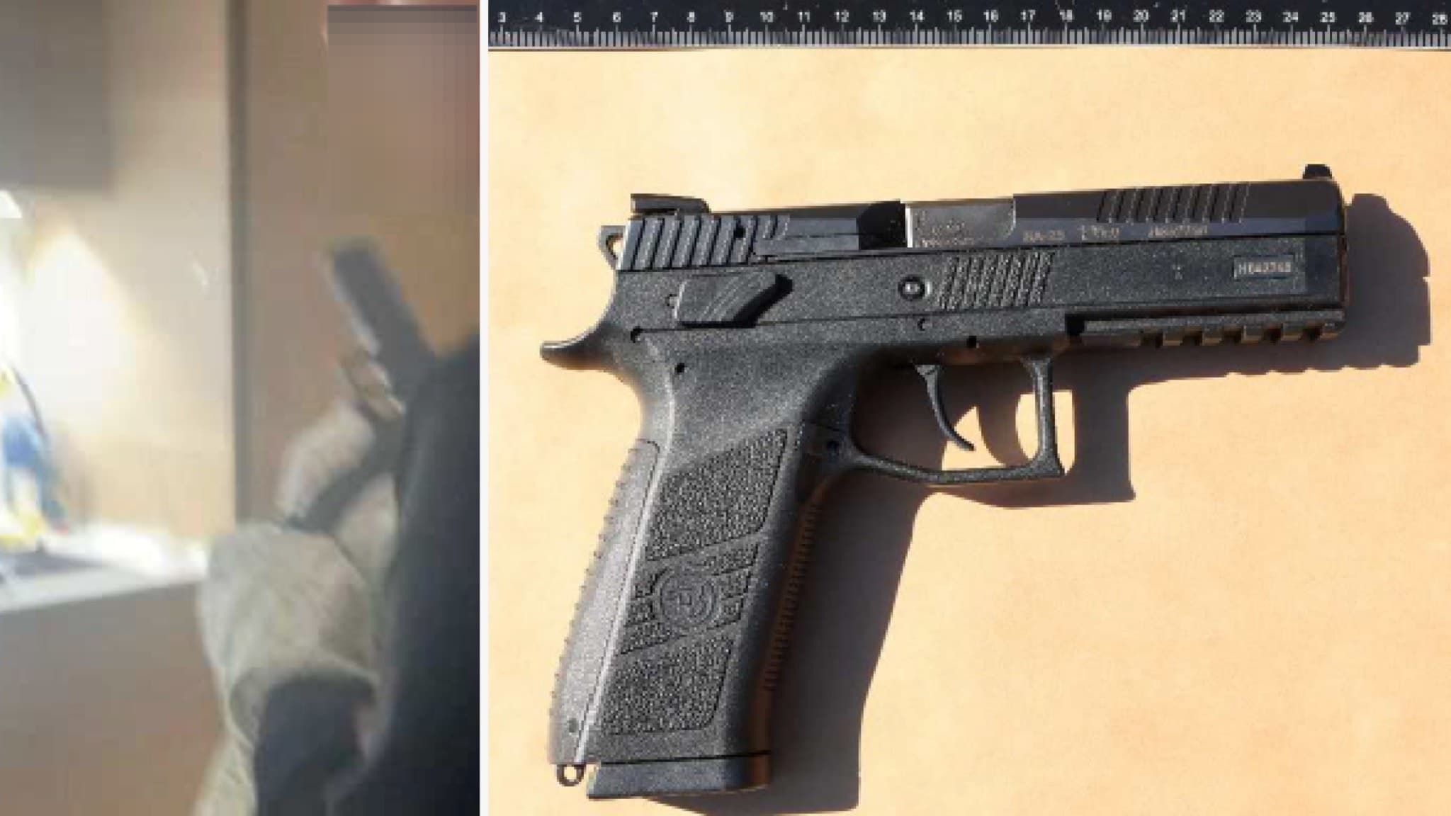 Bild på en svart pistol som misstänks ha använts vid ett planerat mord, placerad på ett ljusbrunt underlag med en linjal ovanför för storleksreferens.