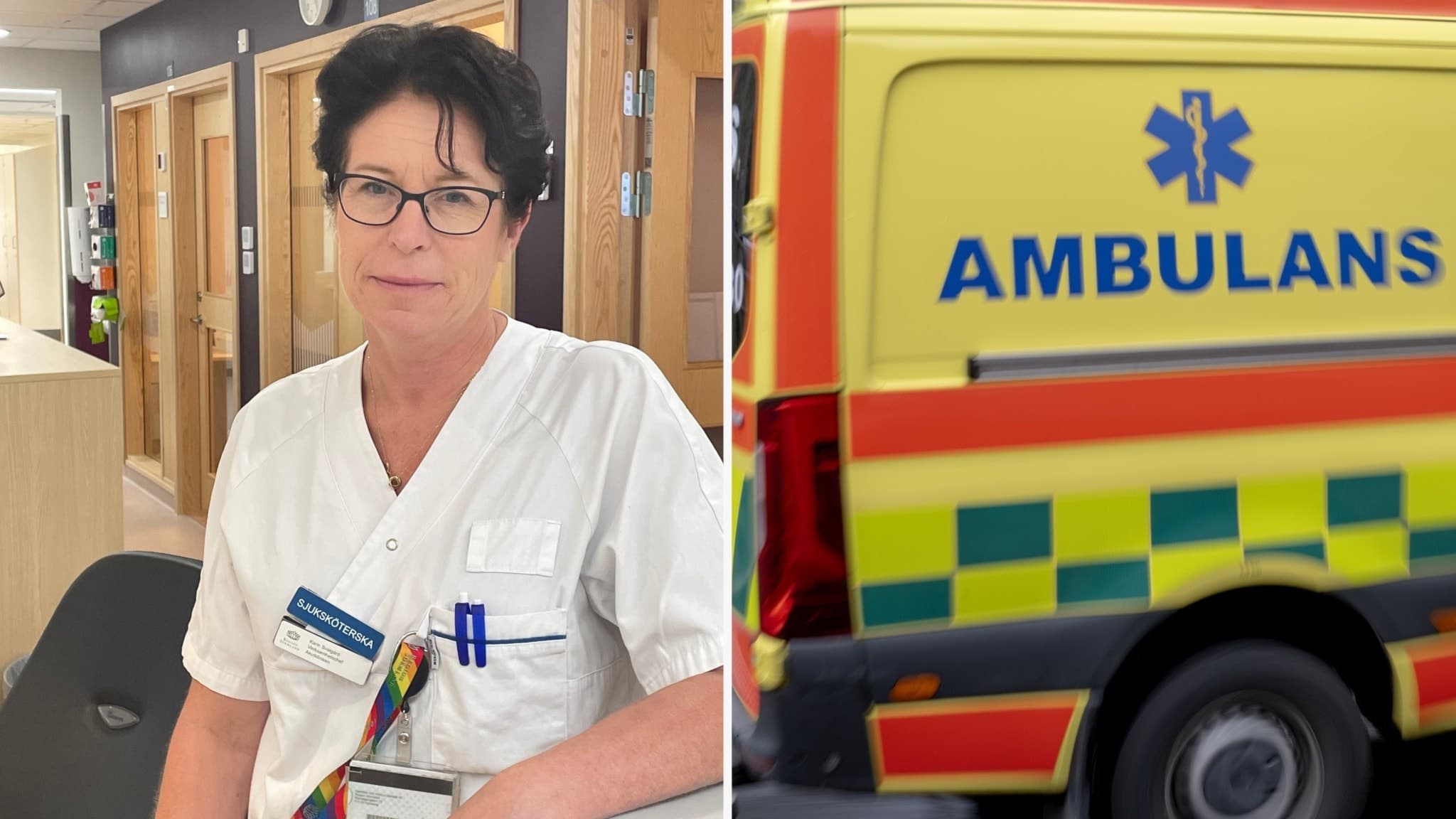 Karin Svalegård i vit arbetsuniform sitter i en inomhusmiljö med trädetaljer. Till höger syns en gul ambulans med blå text och gröna reflexmarkeringar, parkerad utomhus.