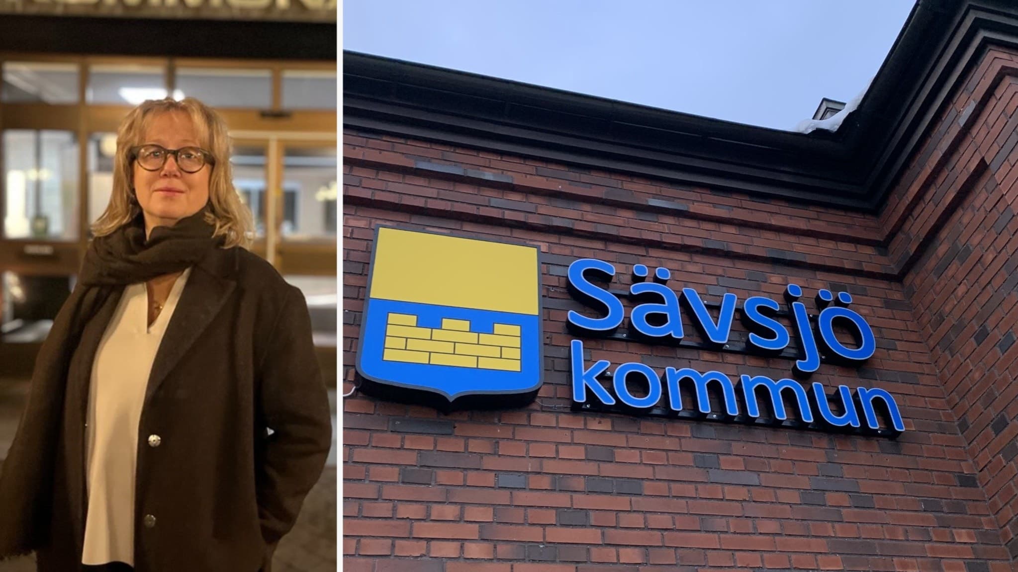 Kommunstyrelsens ordförande, kristdemokraten Therese Pettersson står i en reception inomhus samt en bild på kommunhuset i Sävsjö med kommunens logotyp.