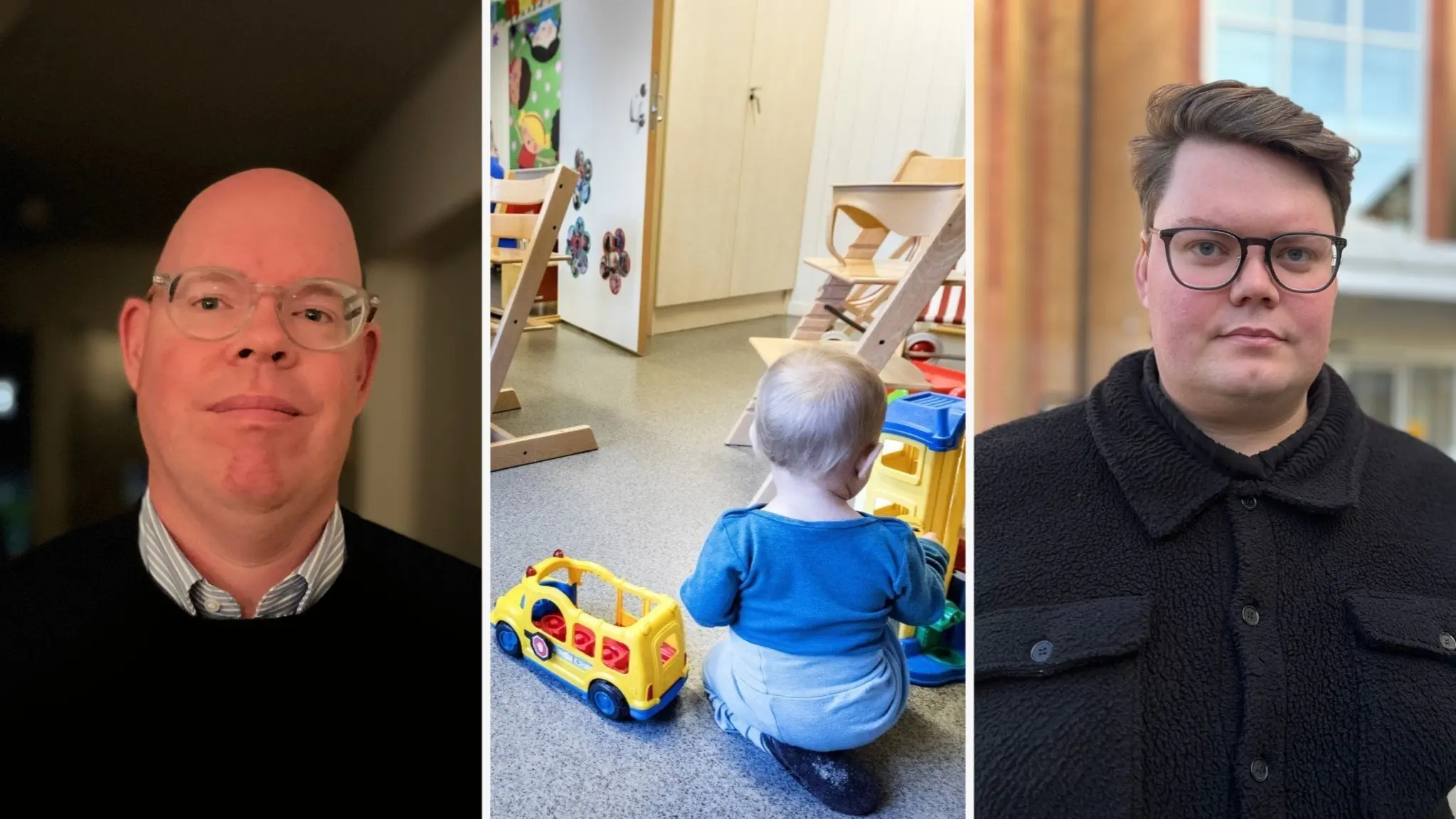 En kombinationsbild som visar en man inomhus, ett barn som leker med leksaker på golvet i en förskola, och en man utomhus vid en byggnad.