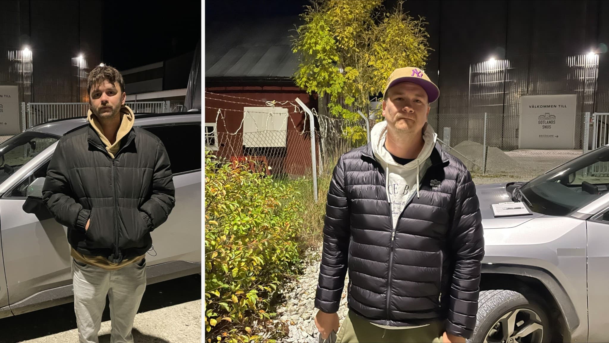 Mattis Nilsson och Manne Winarve står utomhus på en parkeringsplats bredvid en bil. De bär vinterjackor och mössor, med ett staket och byggnader synliga i bakgrunden.