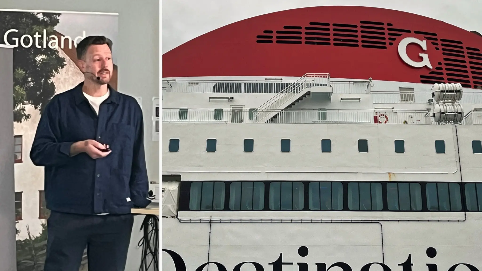 Till vänster: En man i mörka kläder presenterar. Till höger: En rödvit Gotlandsfärja.
