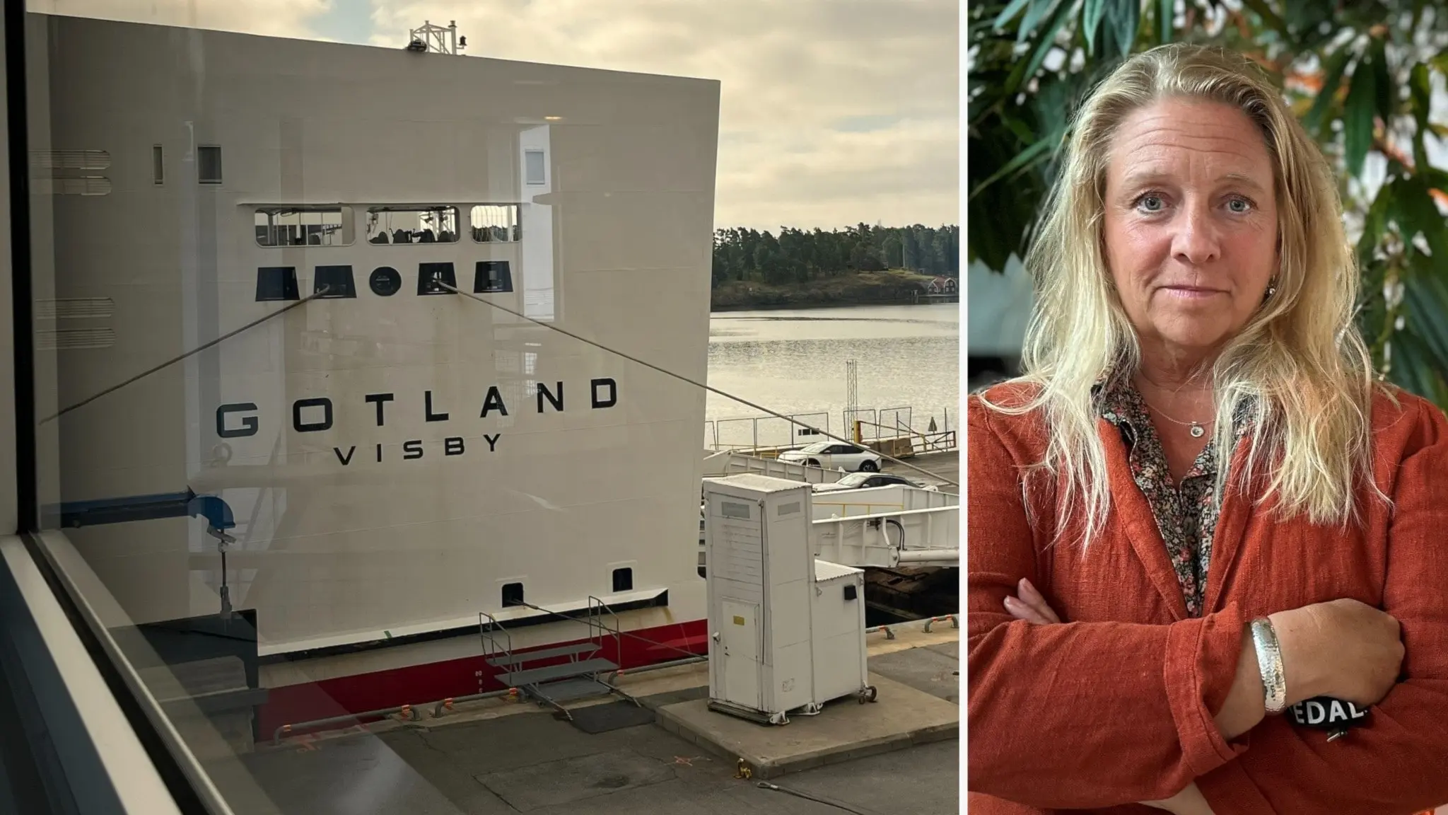 Till vänster: En färja i hamnen i Nynäshamn. Till höger: En kvinna i röd jacka framför ett träd inomhus.