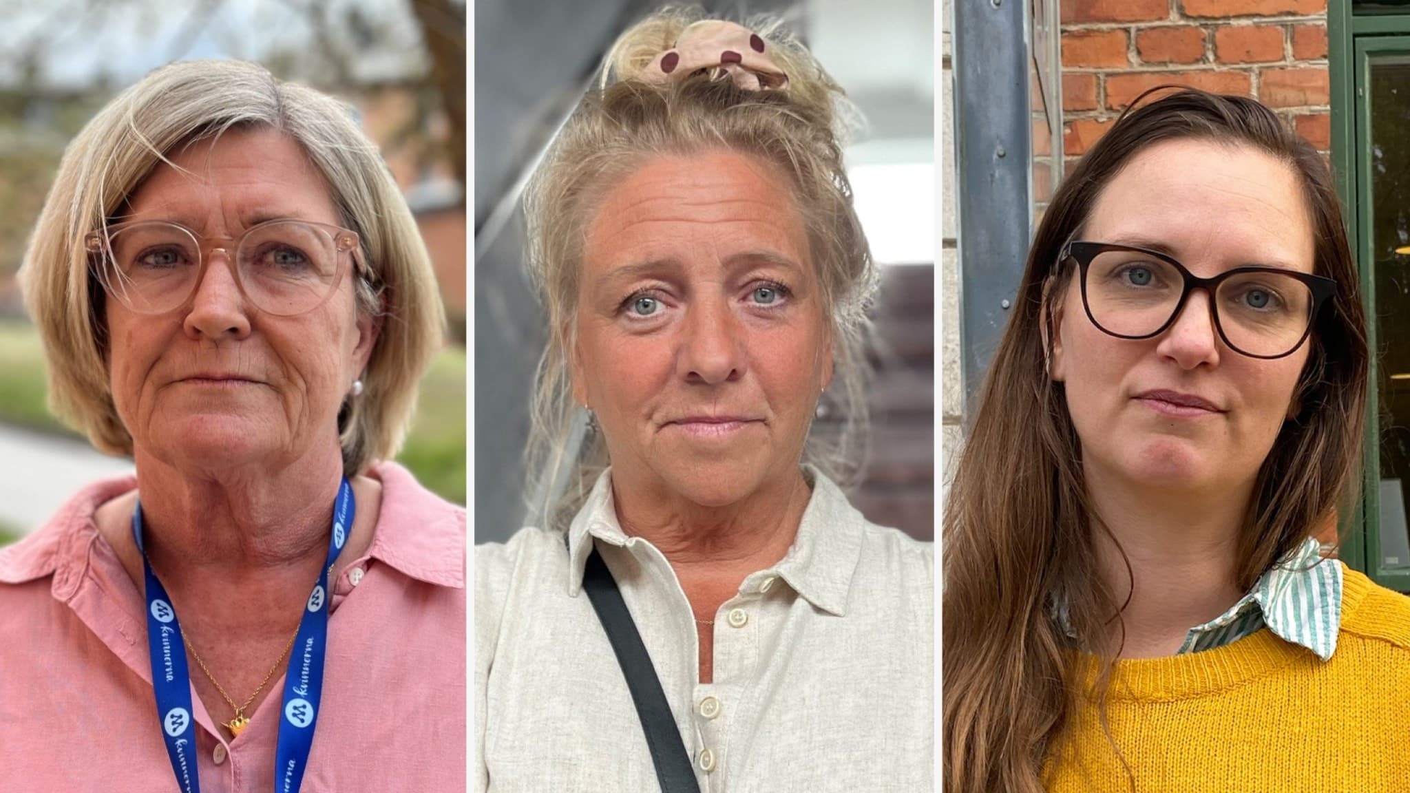 Tre personer står bredvid varandra mot olika bakgrunder; en person i rosa skjorta med blått band, en person i vit blus och en person i gul tröja med tegelvägg i bakgrunden.