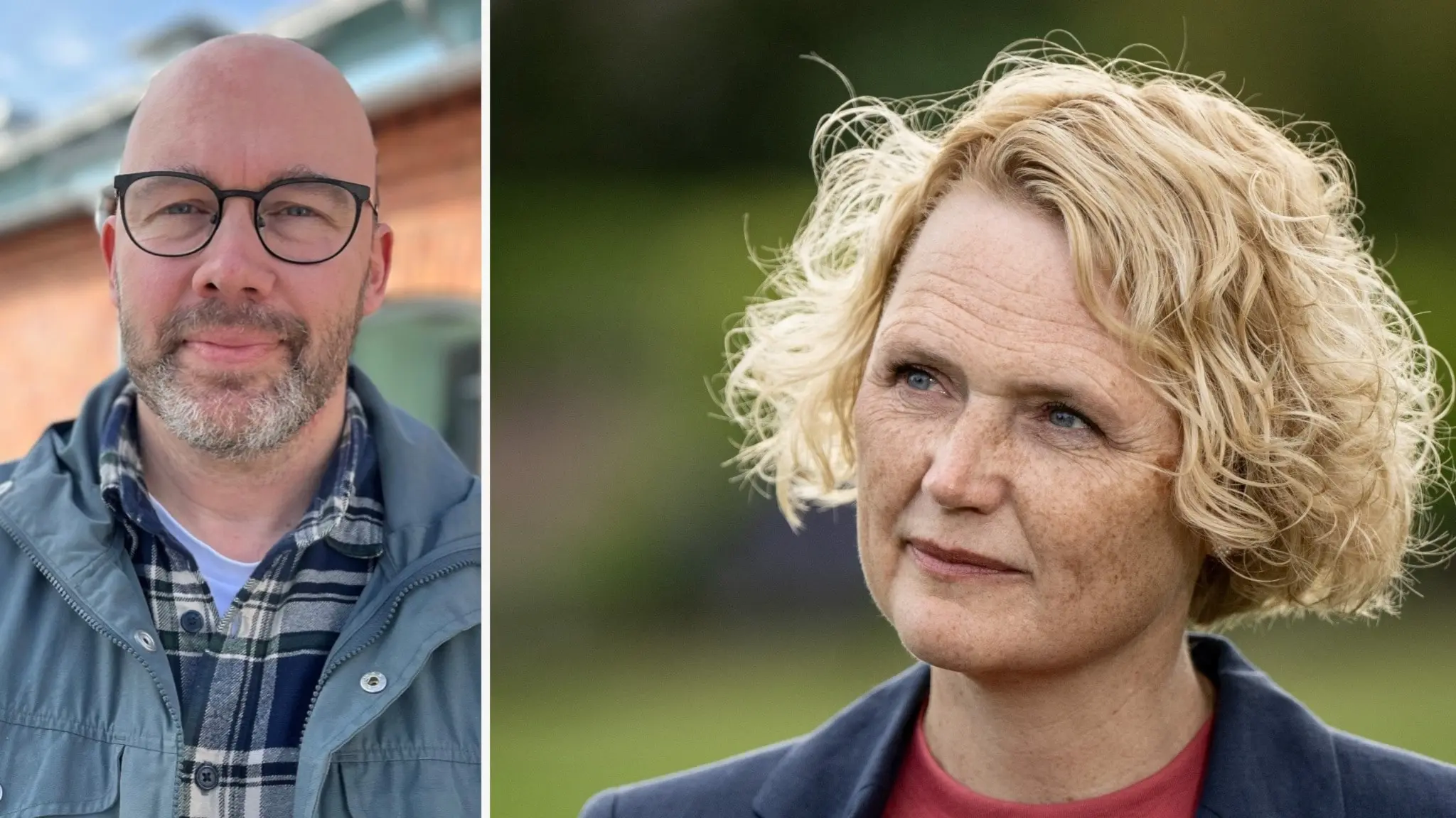 Johan Malmros, centerpartist på Gotland, bär glasögon och har en rutig skjorta och blå jacka. Anna-Karin Hatt, avgående partiledare för Centerpartiet har kort, ljust hår och tittar lite åt sidan.