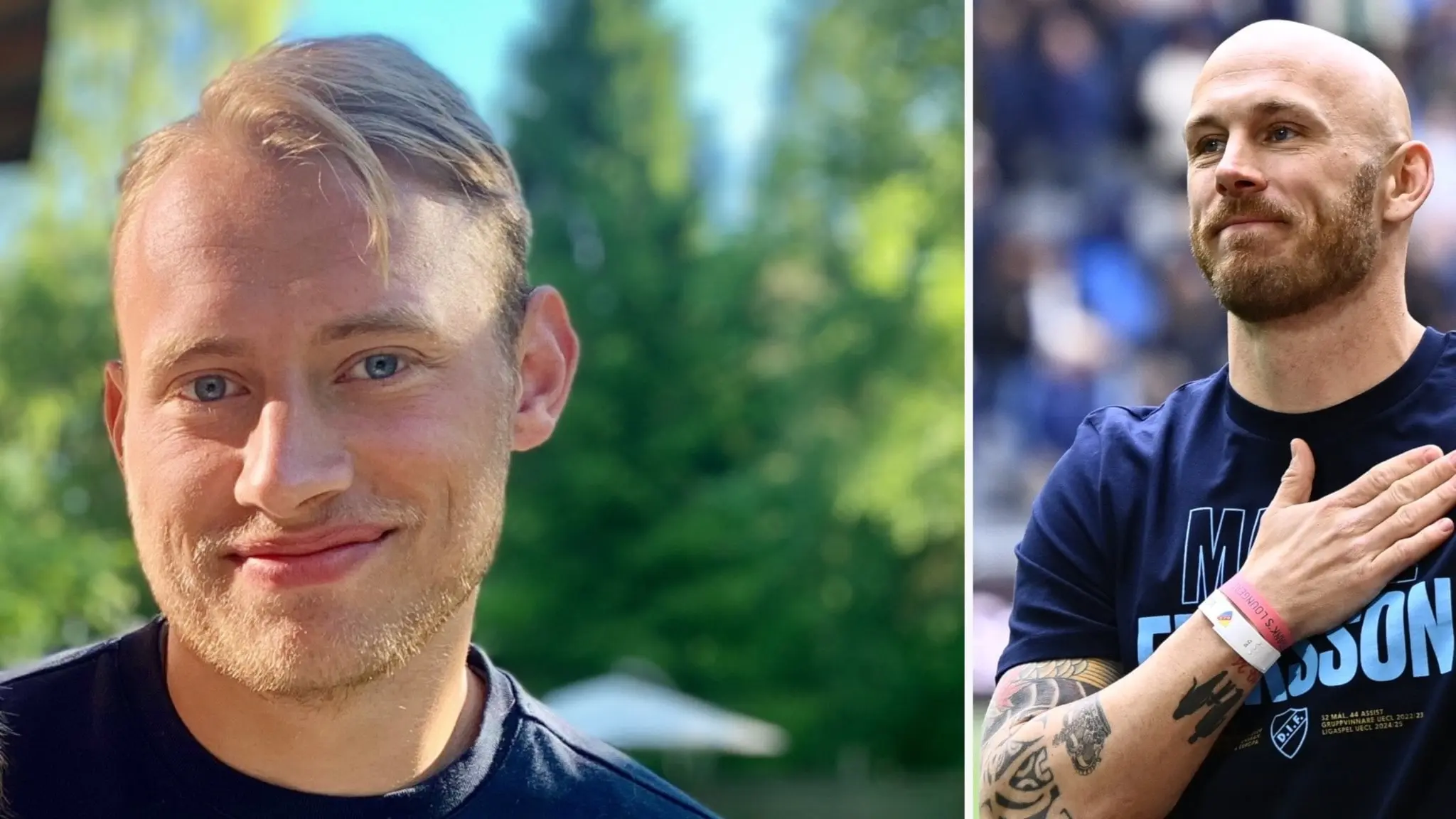 Till vänster, Villiam Dahlström en i närbild utomhus med gröna träd i bakgrunden.Till höger, Magnus Eriksson bär en mörk tröja med handen över hjärtat på en stadion.