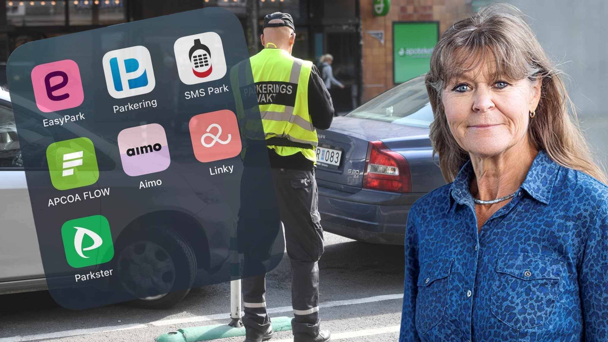 tre bilder: parkeringsappar, parkeringsvakt och en kvinna.