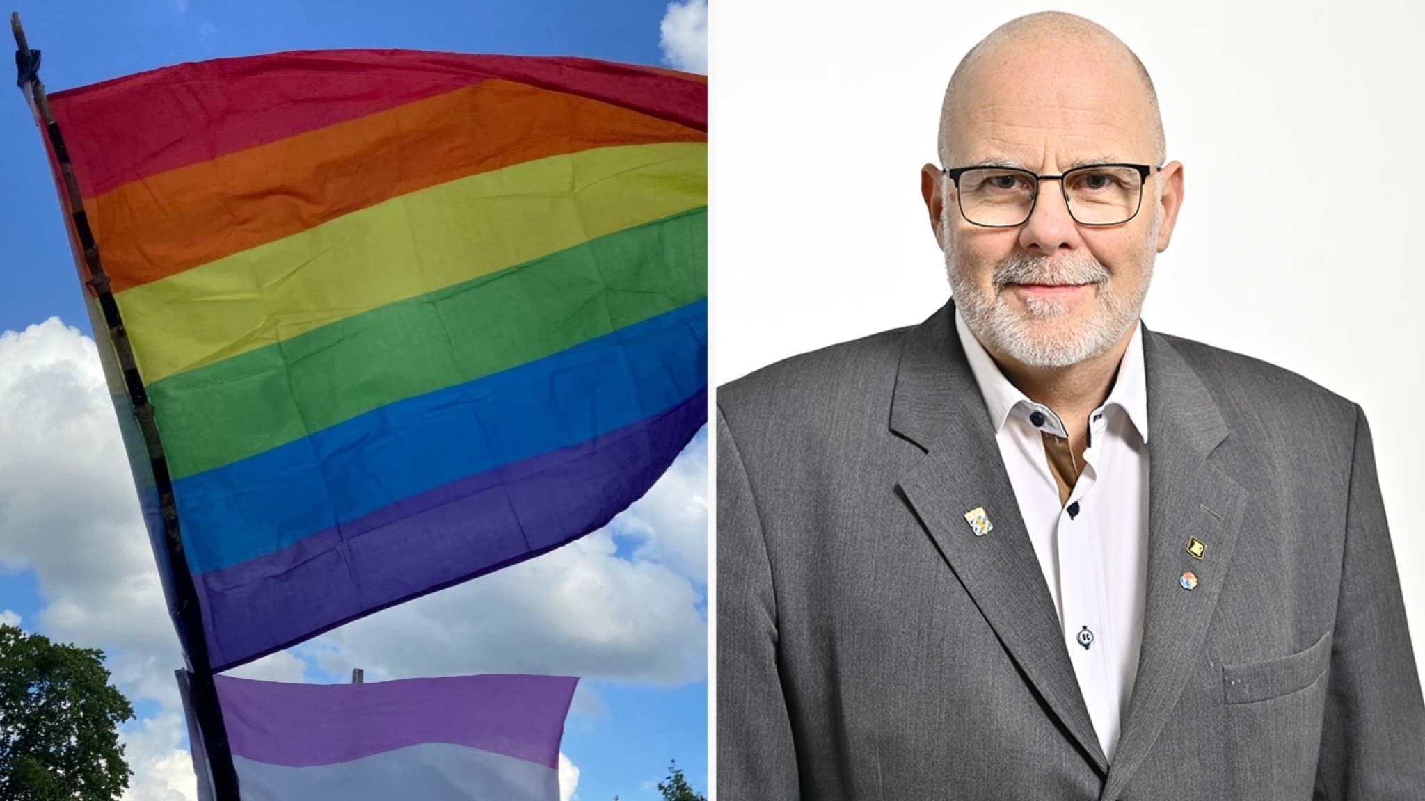 En prideflagga och Ulf Rapp, kommunalråd i Bollebygd.