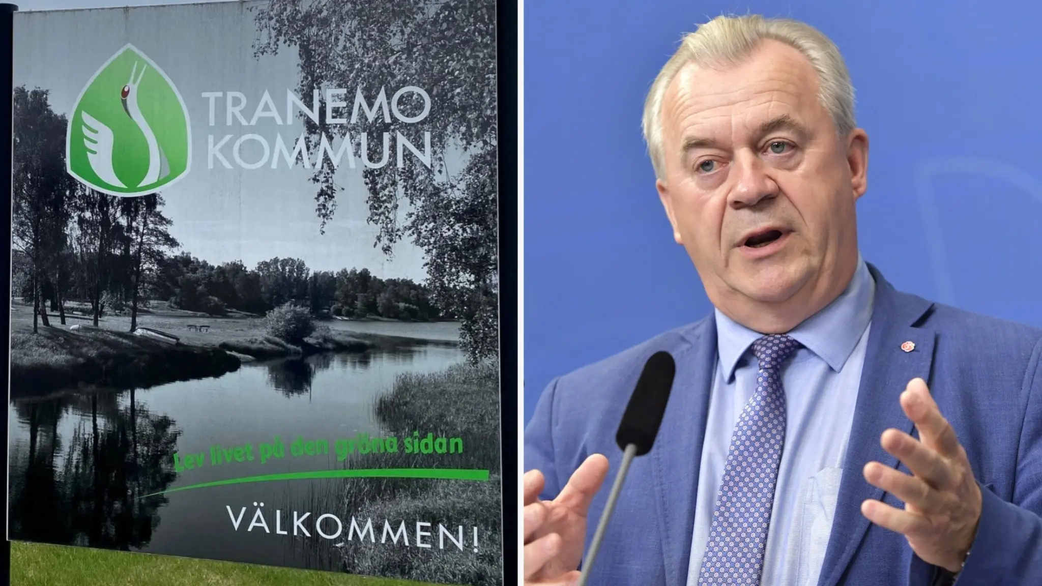 Montage med en välkomstskylt för Tranemo kommun, som visar en sjö och grönska, och tidigare landsbygdsministern Sven-Erik Bucht (S) i kostym under en presskonferens.