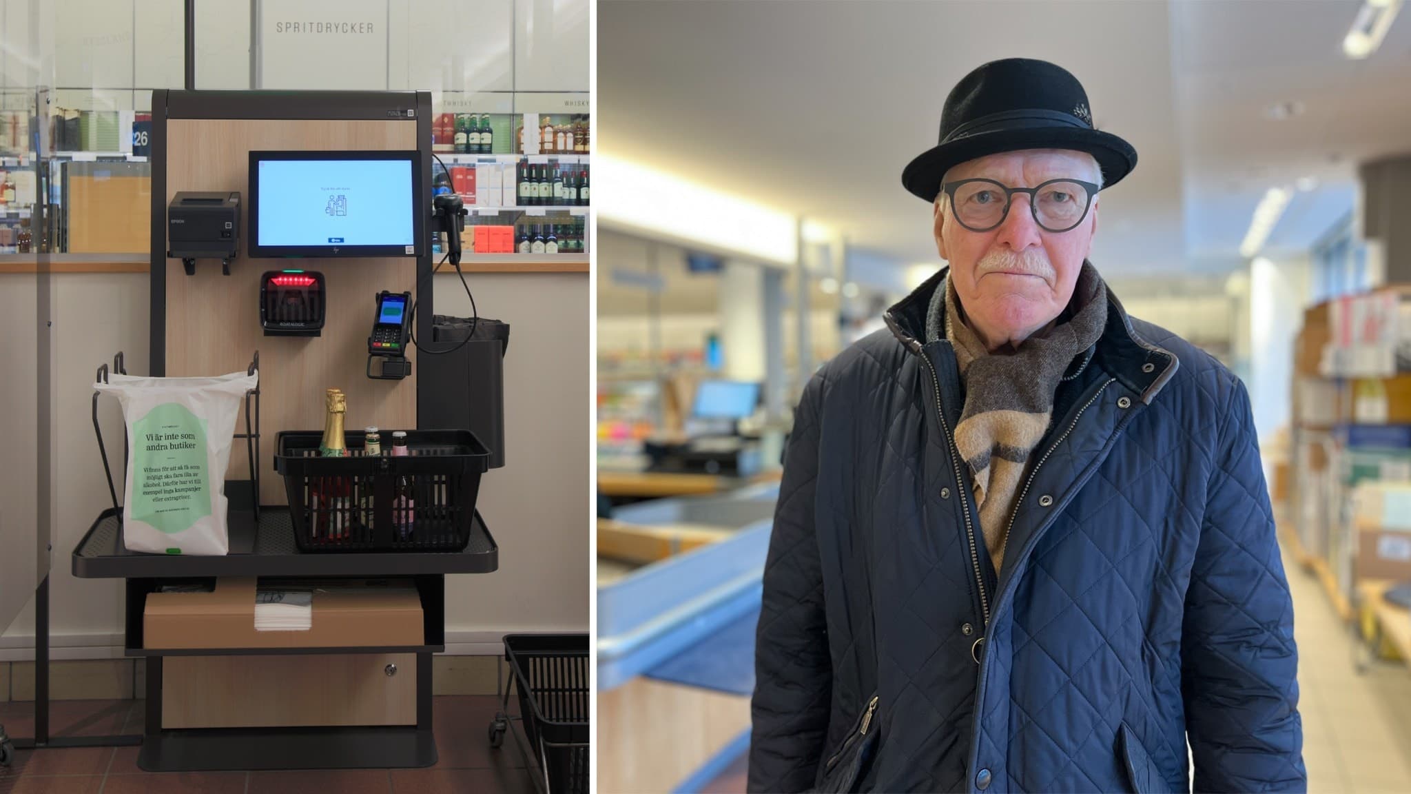 En bild på en självskanningskassa på ett systembolag. En annan bild på en äldre herre i hatt och med mustasch. 