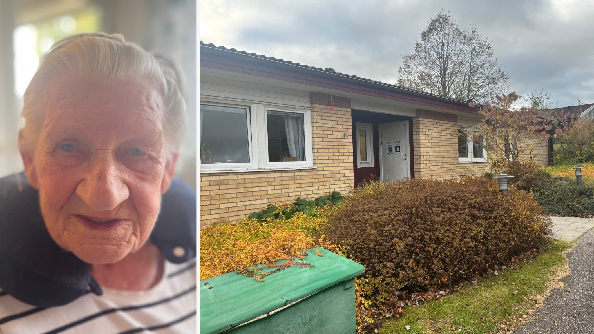 Gurly Johanson och ett tegelhus med vita fönster, omgiven av höstlöv och buskar. 