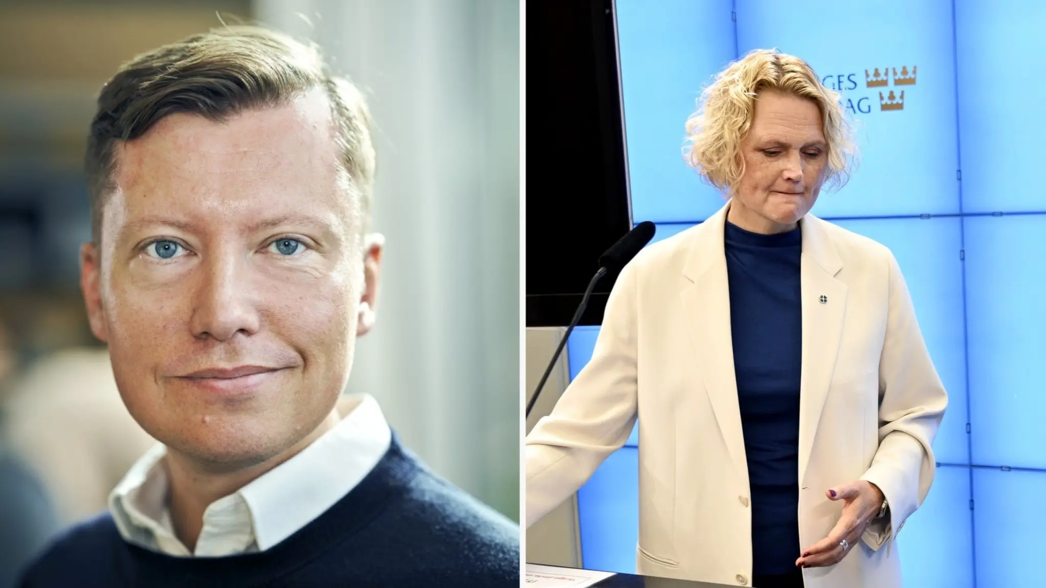 Bildmontage med två personer. Till vänster en man i vit skjorta och mörk tröja i en inomhusmiljö. Till höger en kvinna i ljus kavaj och blå klänning vid en talarstol mot en bakgrund med blå skärmar.