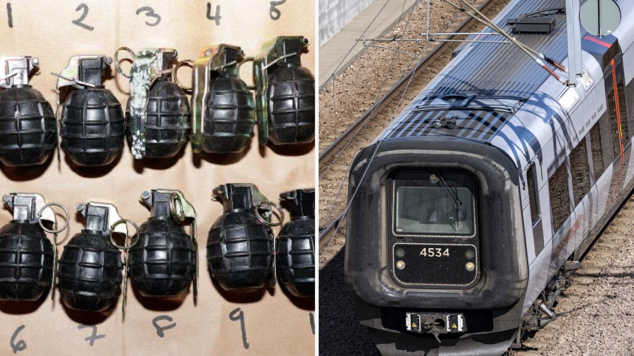 Bildmontage med tio svarta handgranater numrerade på vänster sida och ett passagerartåg på höger sida. Polisen rapporterar att handgranater fraktas med tåg från Malmö.