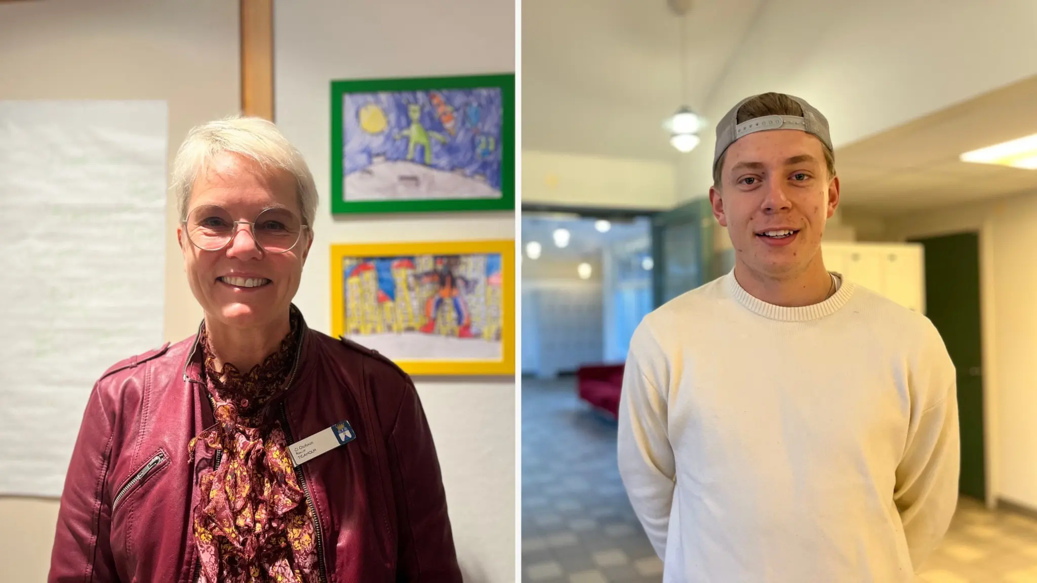 Ci Olofsson, rektor på Rudbecksgymnasiet i Tidaholm, klädd i vinröd jacka och blommig blus, samt Simon Ödgren, elev som tar studenten nästa år, i vit tröja, står inomhus med ljusa väggar.