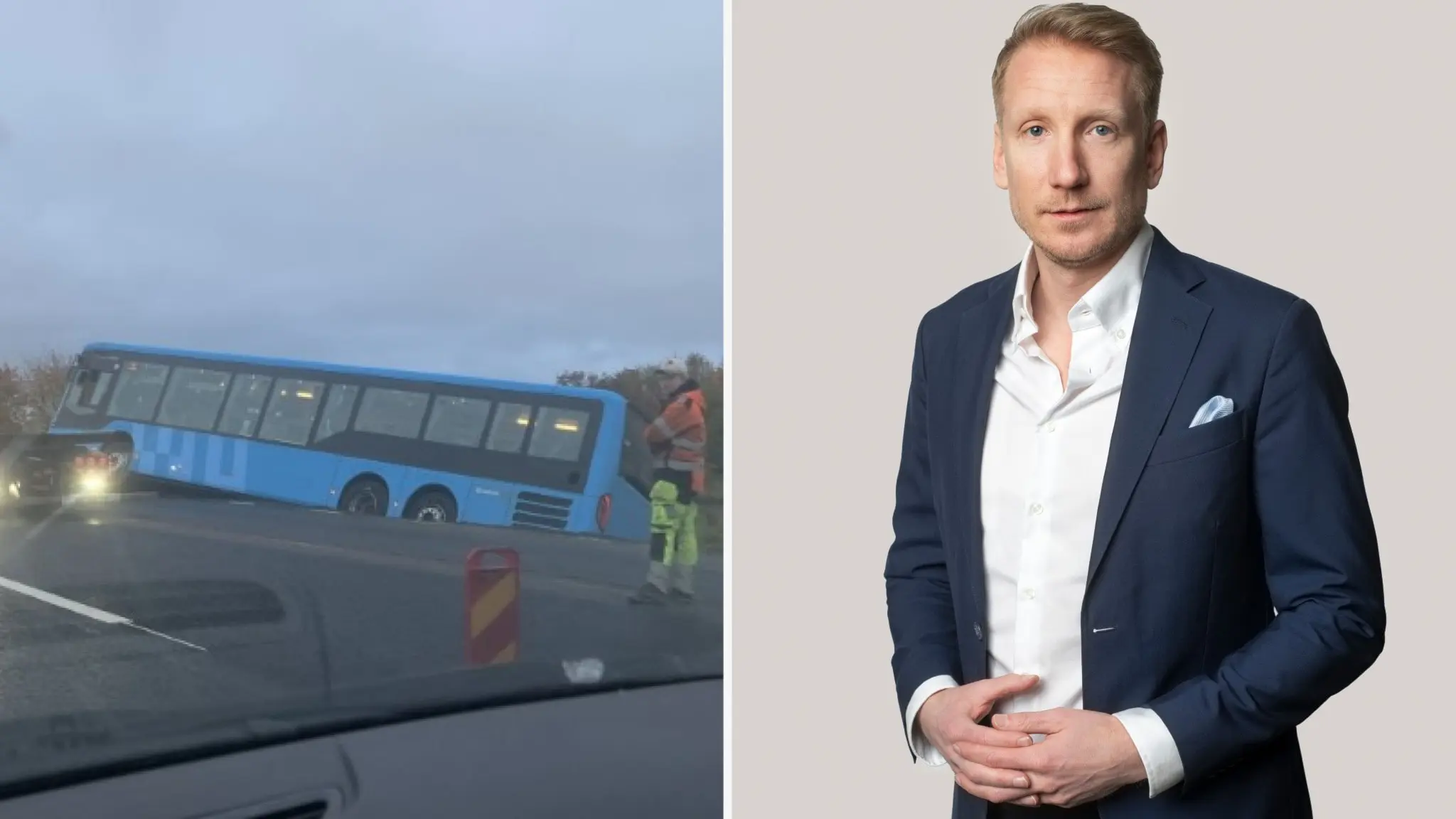 en buss i diket och en man
