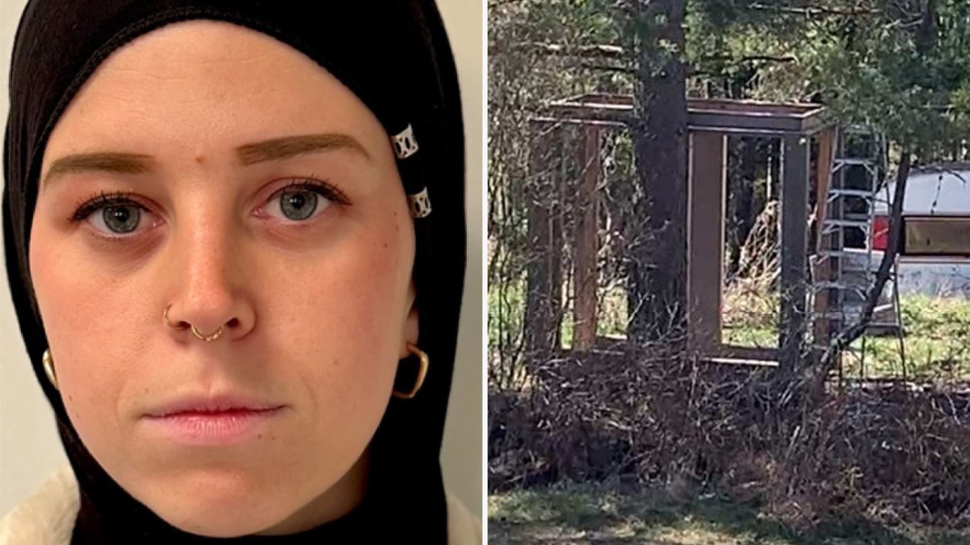 Delad bild. Till vänster syns en närbild på politikern Jelina Thomasdotter som tittar in i kameran. Till höger syns galgbacken där Jelina Thomasdotter enligt hot skulle avrättas. Det är en övergiven träställning i skogsmiljö med en husvagn i bakgrunden.