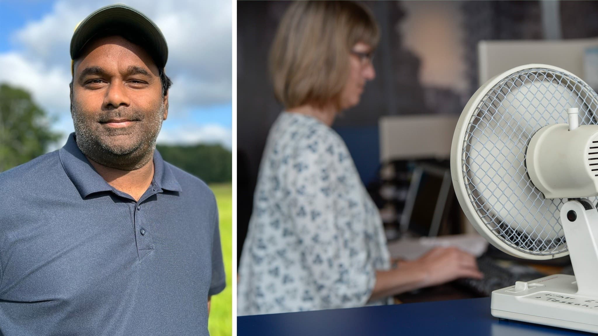 Man och en kvinna vid en fläkt.