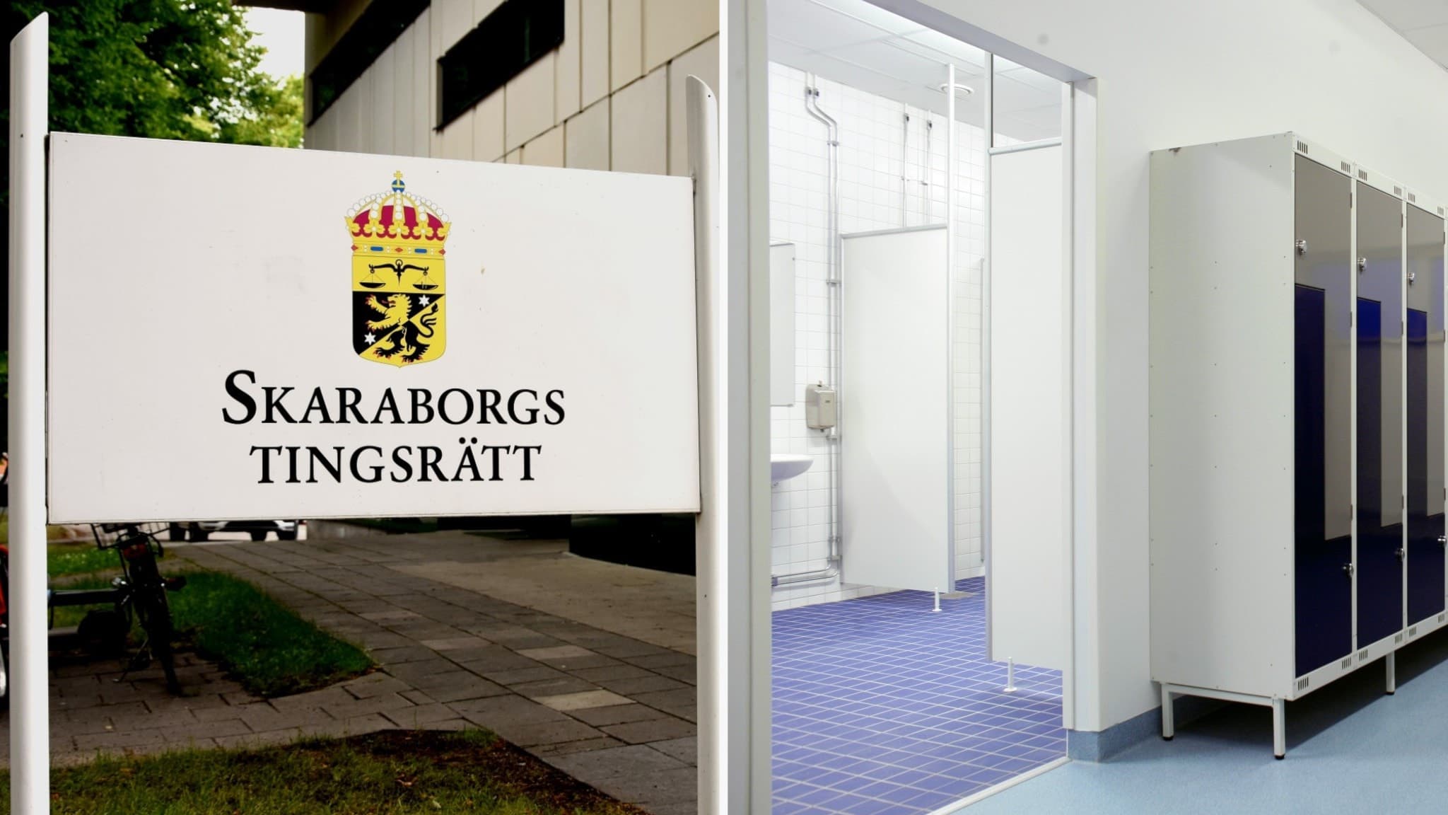Montage med Skaraborgs tingsrätts skylt utomhus och ett omklädningsrum med ljusa väggar, blå golv och vita skåp. Bilden illustrerar koppling mellan juridik och idrottsmiljö.