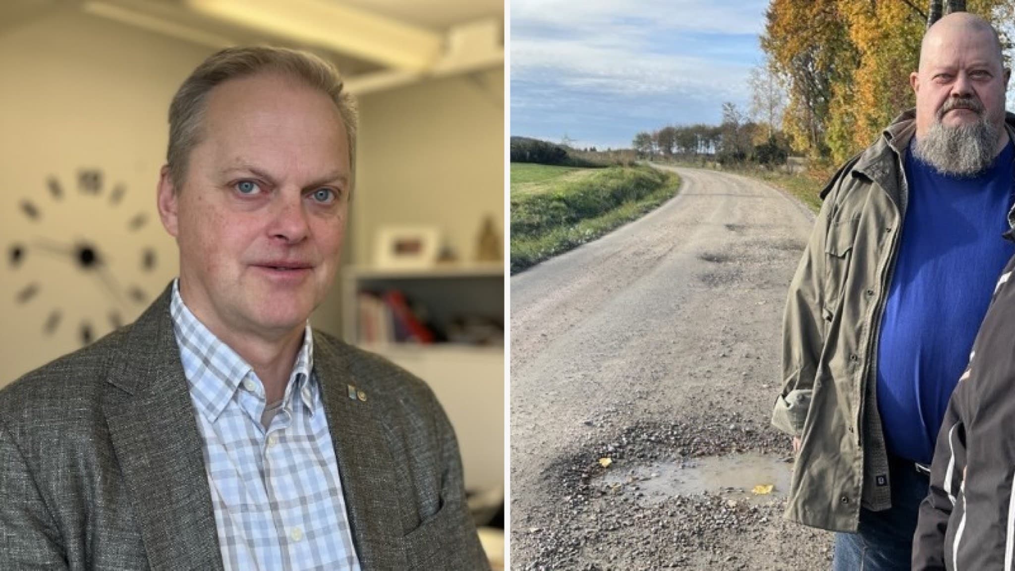 två bilder, en man i kavaj och en man bredvid en grusväg
