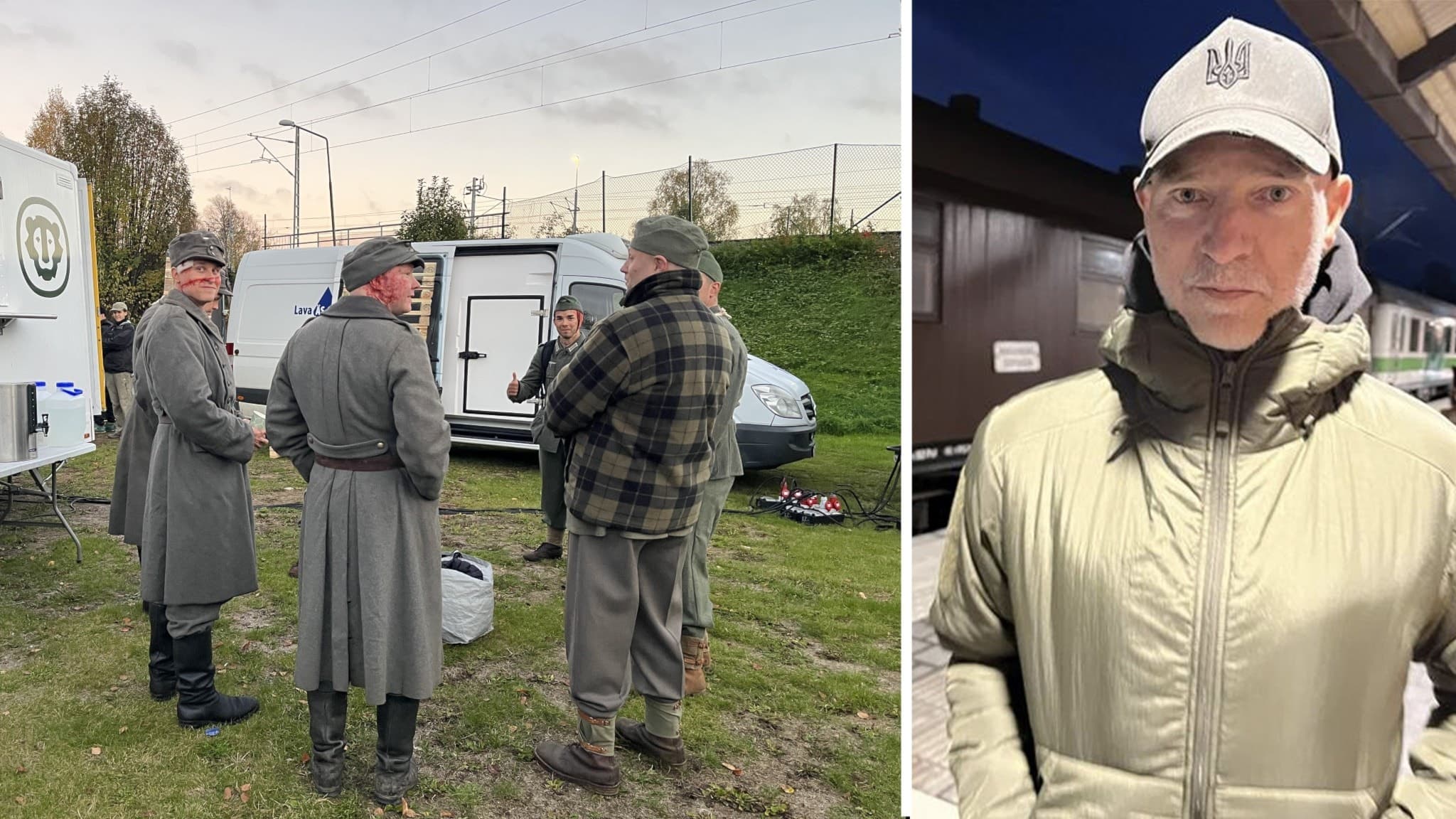 Tre personer i militärkläder från andra världskriget står utomhus och samtalar vid en filminspelning. Bilden kopplas till Aku Louhimies och filmen om Lapplandskriget.
