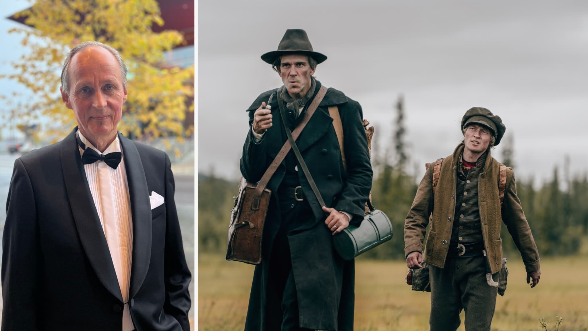 Mikael Niemi, Gustaf Skarsgård och Emil Kárlsen i en sammansatt bild. Vänster bild visar en person i kostym, höger bild visar två personer i vildmarkskläder med utrustning.