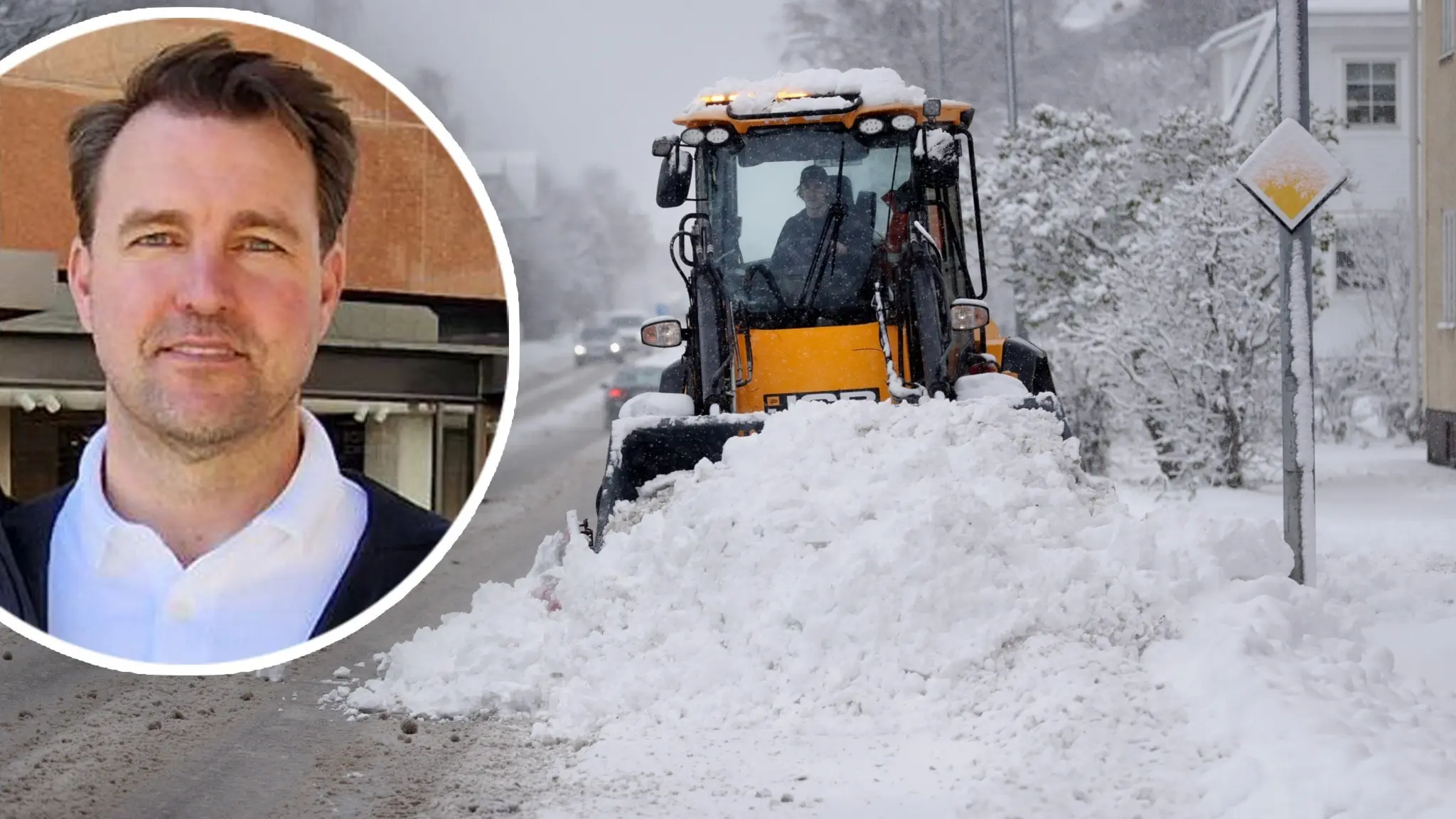 David Johansson syns leende i en cirkel bredvid syns en traktor ploga snö. 