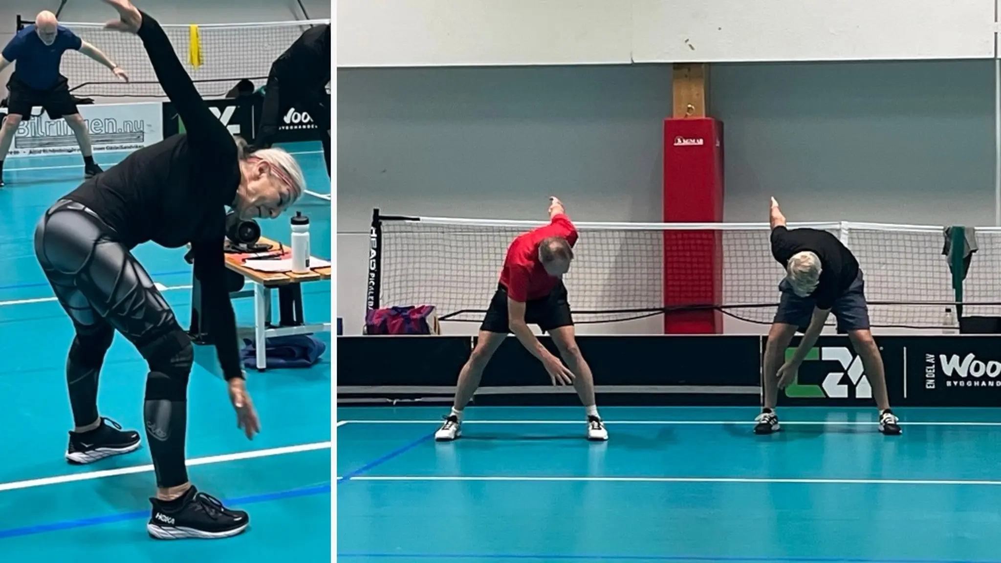 Äldre personer deltar i pensionärsgympa i en idrottshall vid Hedvigslundskyrkan i Gävle. De utför stretchövningar på en blå sportgolv med nät för badminton i bakgrunden.