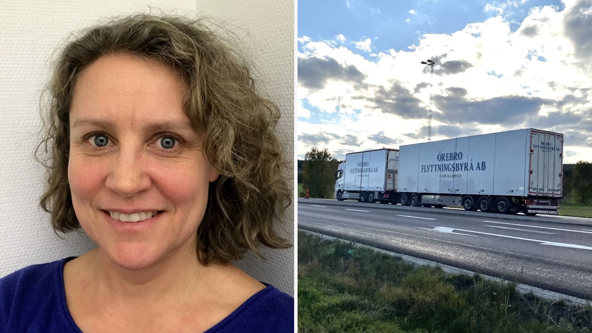 Kerstin Holmgren från Trafikverket arbetar med projektet E4 Kongberget-Gnarp. Bilden visar en drönare som används för att kartlägga vägområdet nära en lastbil på en landsväg.