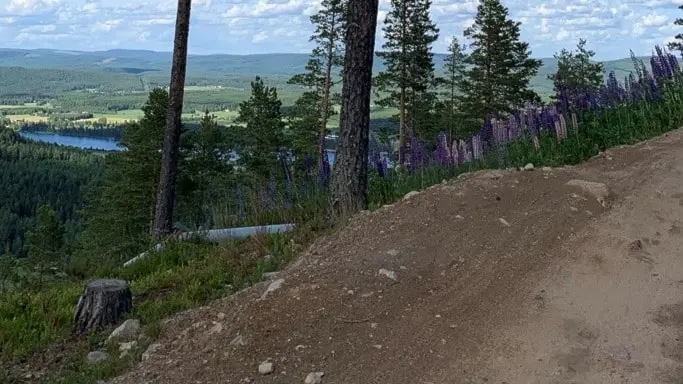 En bild som är delad i två. Till vänster: cykelled på berg med utsikt över dal. Till höger: en man bakom en downhill-cykel.