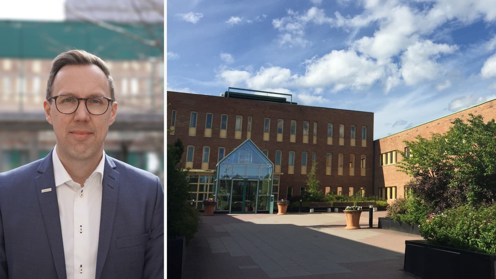 Arwid Dahlberg, chef för Fastighetsbildning på Lantmäteriet, står i kostym utomhus. Bredvid visas Lantmäteriets huvudkontor, en modern tegelbyggnad med glasentré och omgivande grönska.