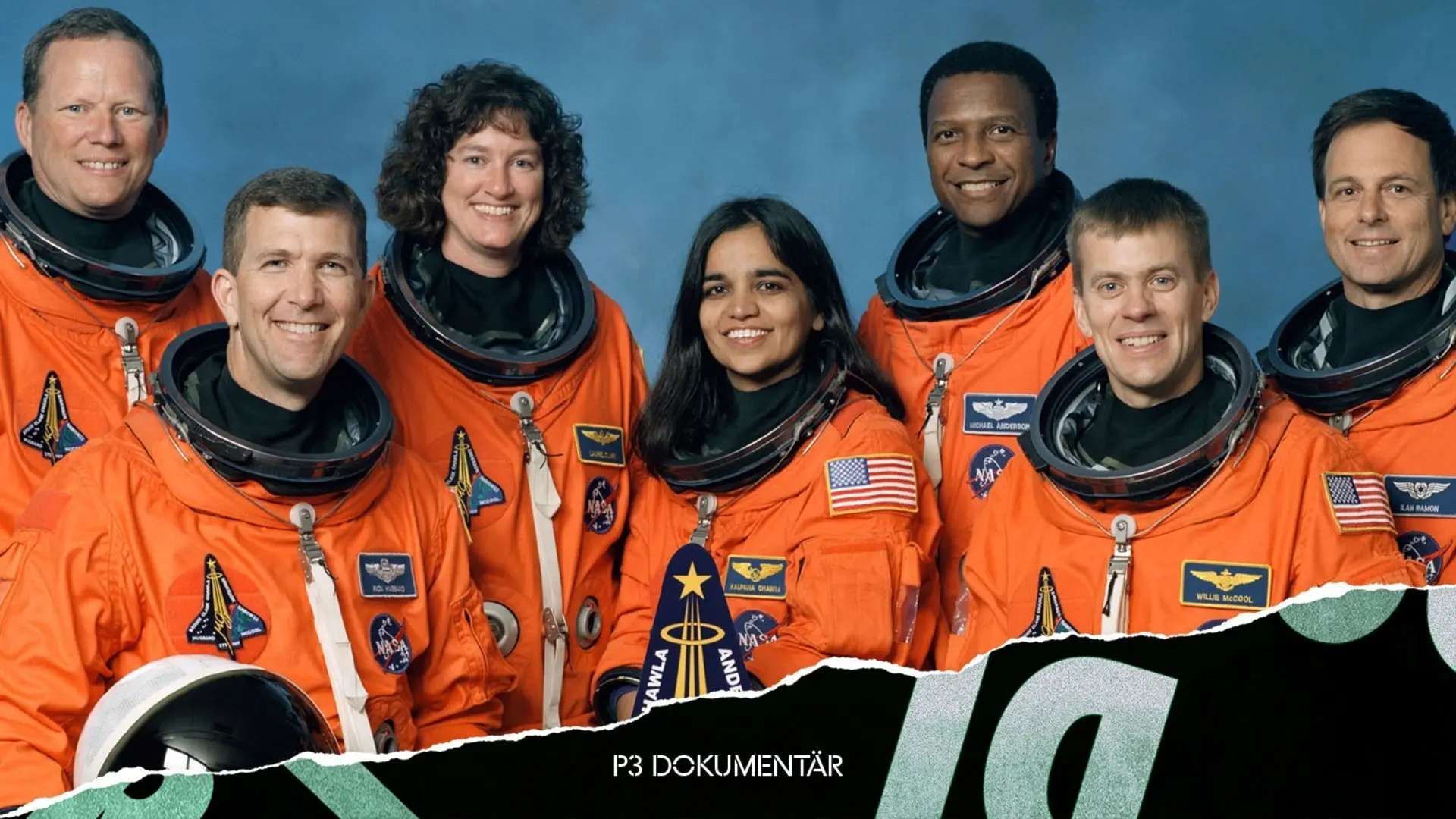 Rymdfärjan Columbias besättning, från vänster nedre raden, Rick Husband, Kalpana Chawla, William McCool, övre raden David Brown, Laurel Clark, Michael Anderson och Ilan Ramon.