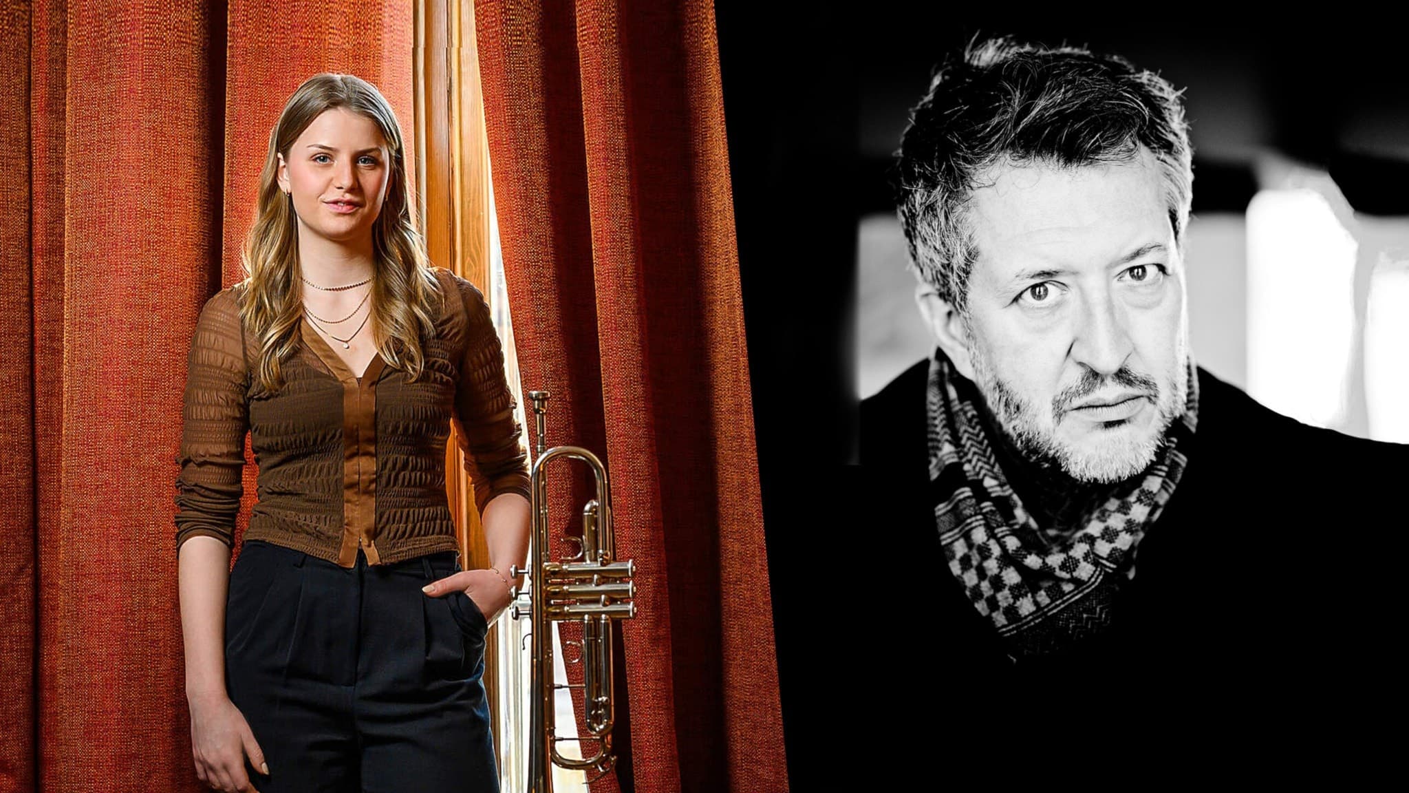 TIll vänster: Trumpetaren och P2:s klassiska artist Ellinor Bengtson står framför en röd gardin med ena handen i fickan och sin trumpet bredvid sig.
Till höger: Svartvitt foto på kompositören, dirigenten och pianisten Thomas Adès.